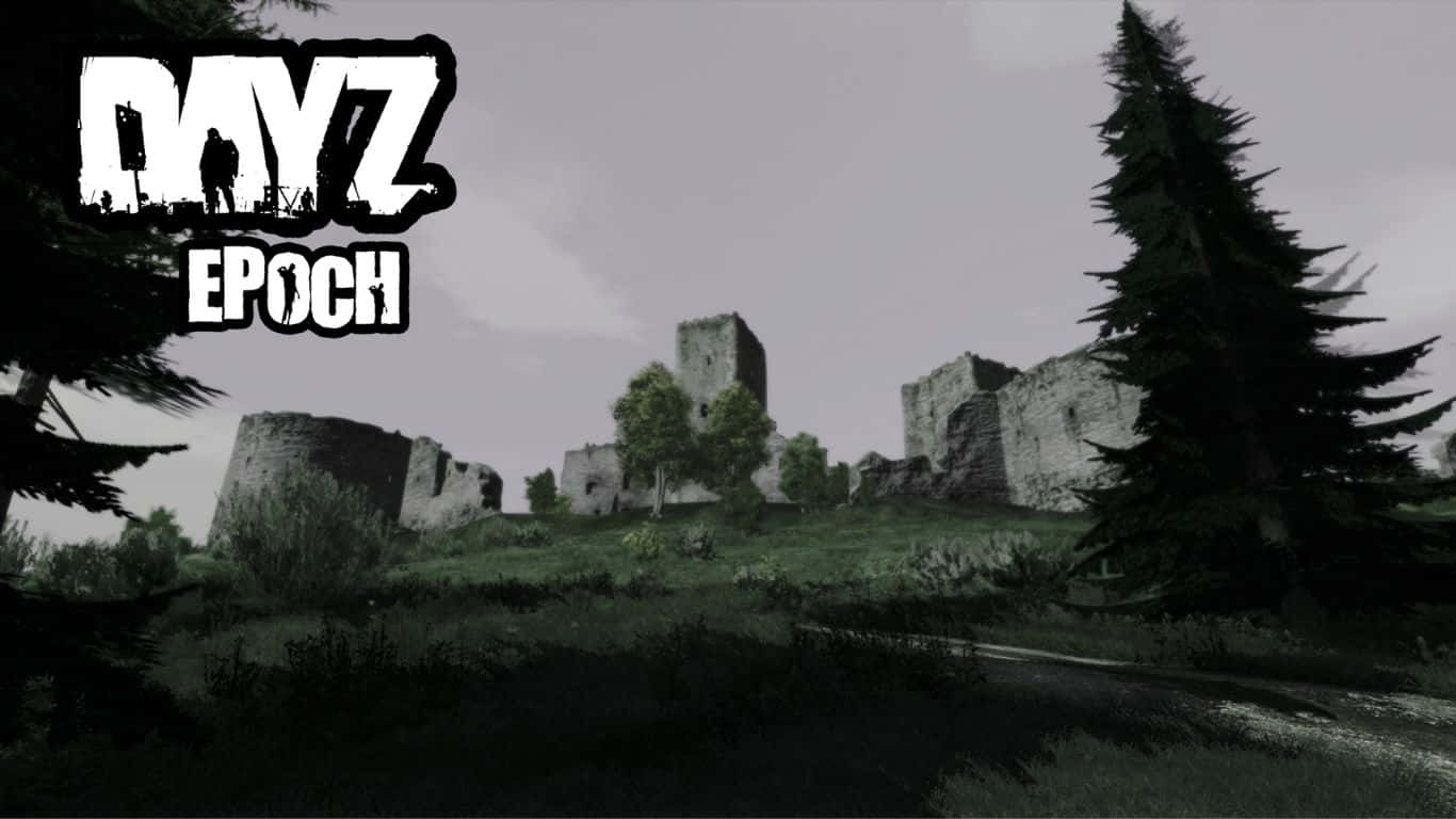 DayZ Epoch Mod 遊戲背景：山丘上殘破城堡 壁紙 — 灰色天空下，雜草和樹木叢生的廢棄石城堡牆，前景有「DayZ Epoch」標誌。