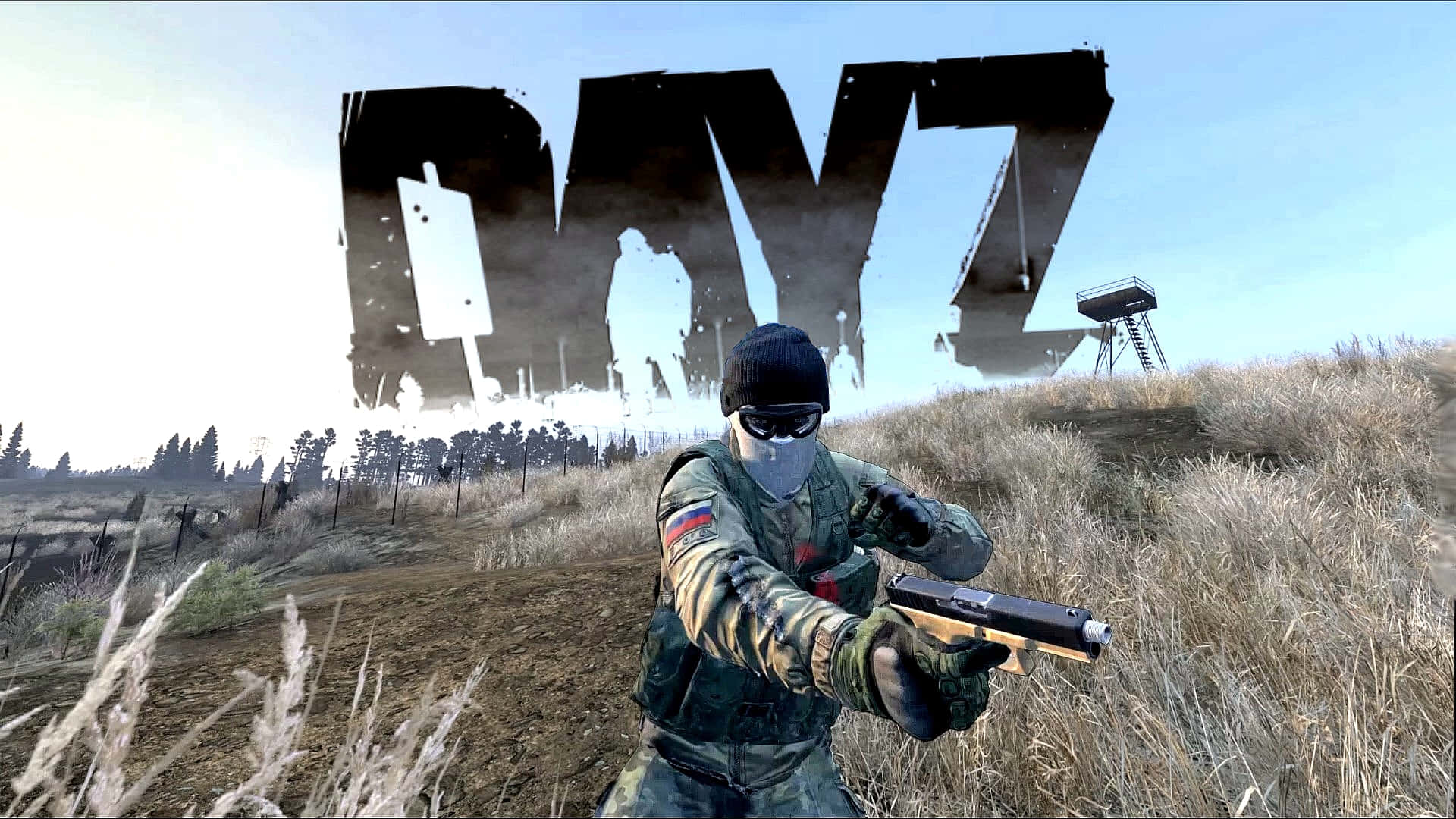 身穿迷彩服的士兵在草地上用手槍瞄準，背景有 DAYZ 標誌。