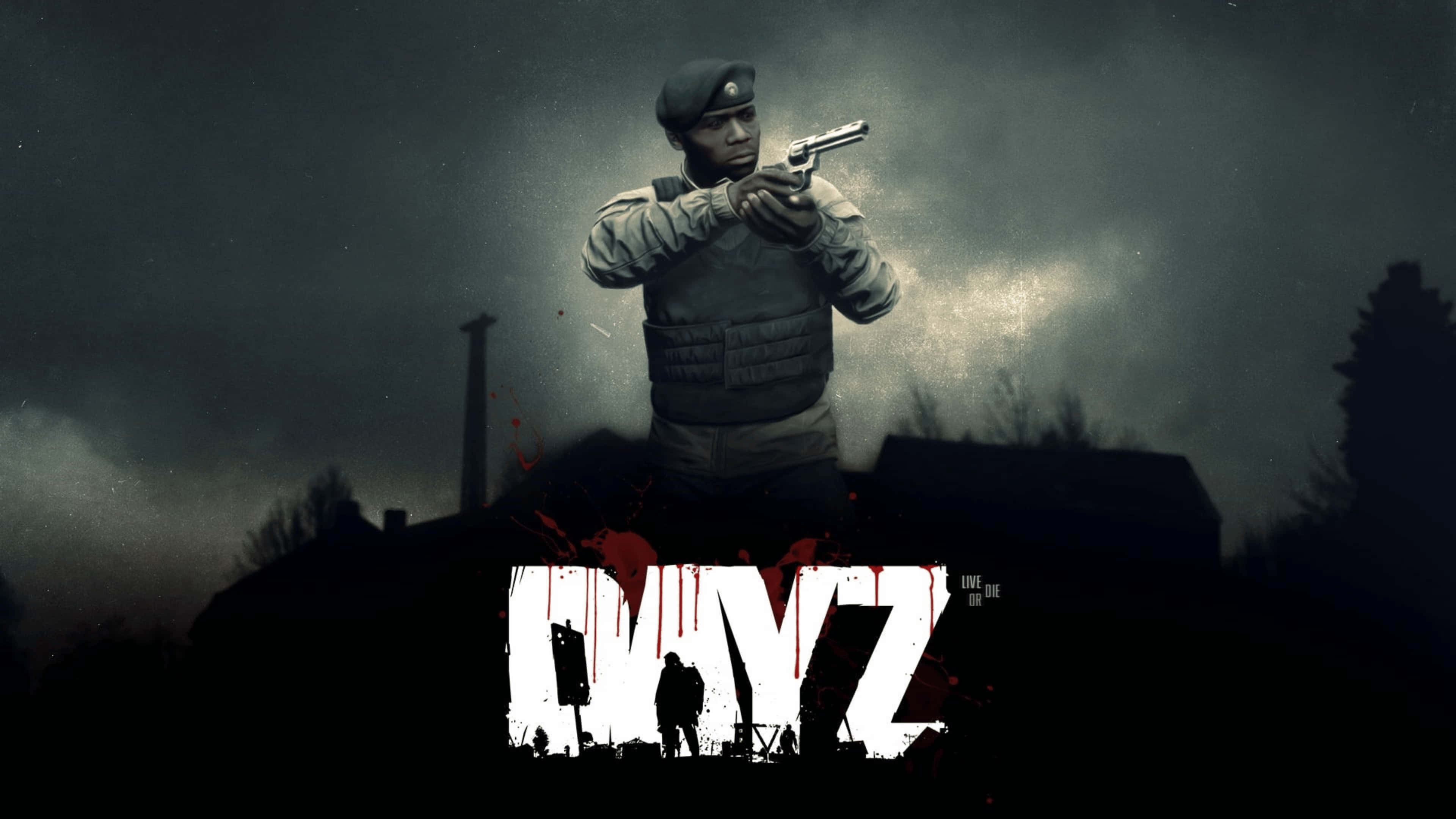 DayZ Epoch Mod 驚心動魄的 4K 遊戲場景 壁紙 — 一名身穿戰術裝備的士兵在暴風雨的天空下瞄準手槍，下方遊戲標題「Gangstar」滴著血。