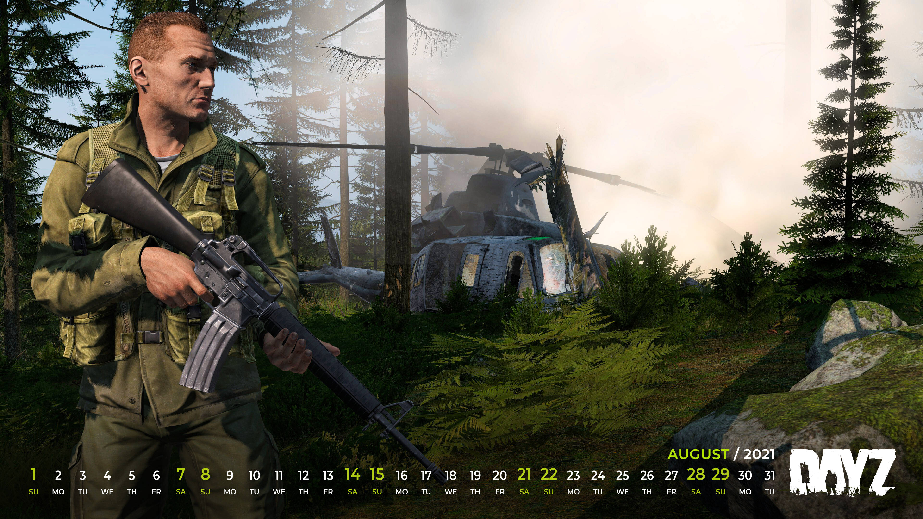 《DayZ》八月日曆 壁紙 — 一名身穿綠色軍服的士兵在霧氣瀰漫的森林中手持突擊步槍，背景有一架損毀的直升機。