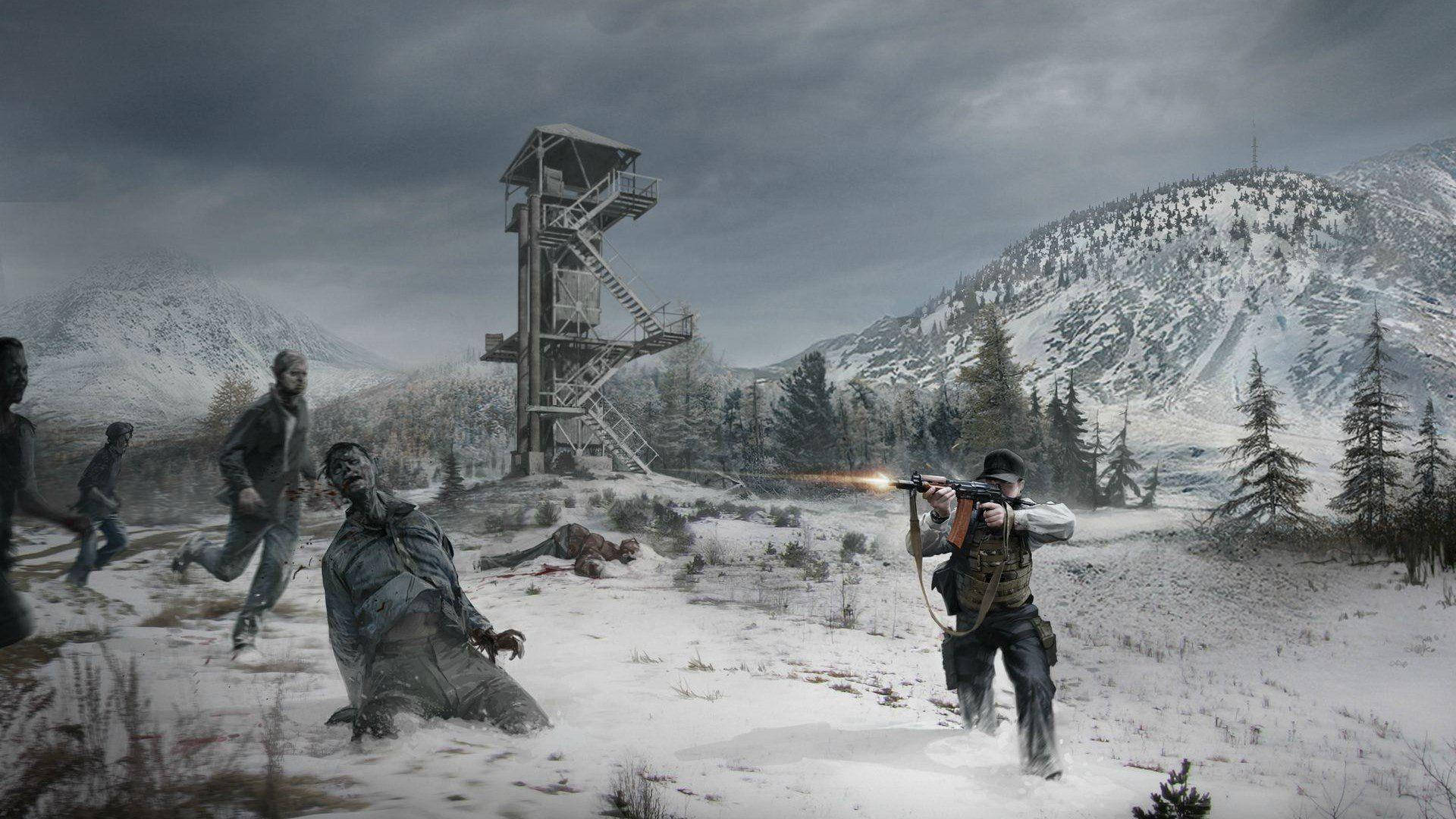 DayZ 冬日場景 壁紙 — 一名士兵在積雪的山地景觀中，對著來襲的喪屍開槍射擊，旁邊有一座防火瞭望塔。