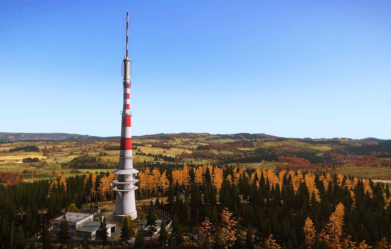 《DayZ》塔與風景 壁紙 — 一座高大的紅白相間廣播塔矗立在金色和綠色樹木的森林中，在清澈的藍天下。