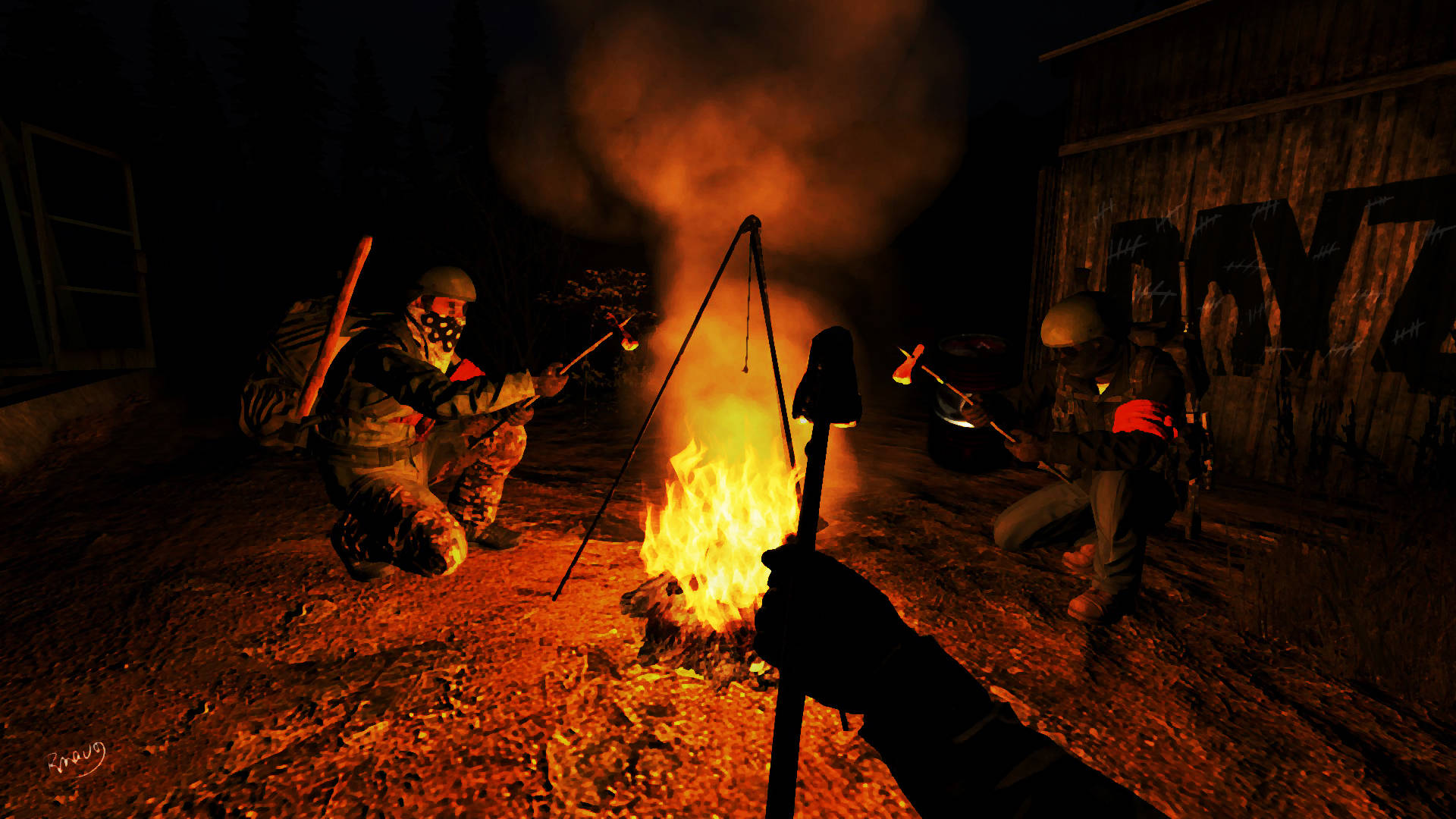 《DayZ》寧靜營火場景 壁紙 — 兩名身穿戰術裝備的士兵在夜間於木屋附近圍著熊熊營火烤棉花糖。