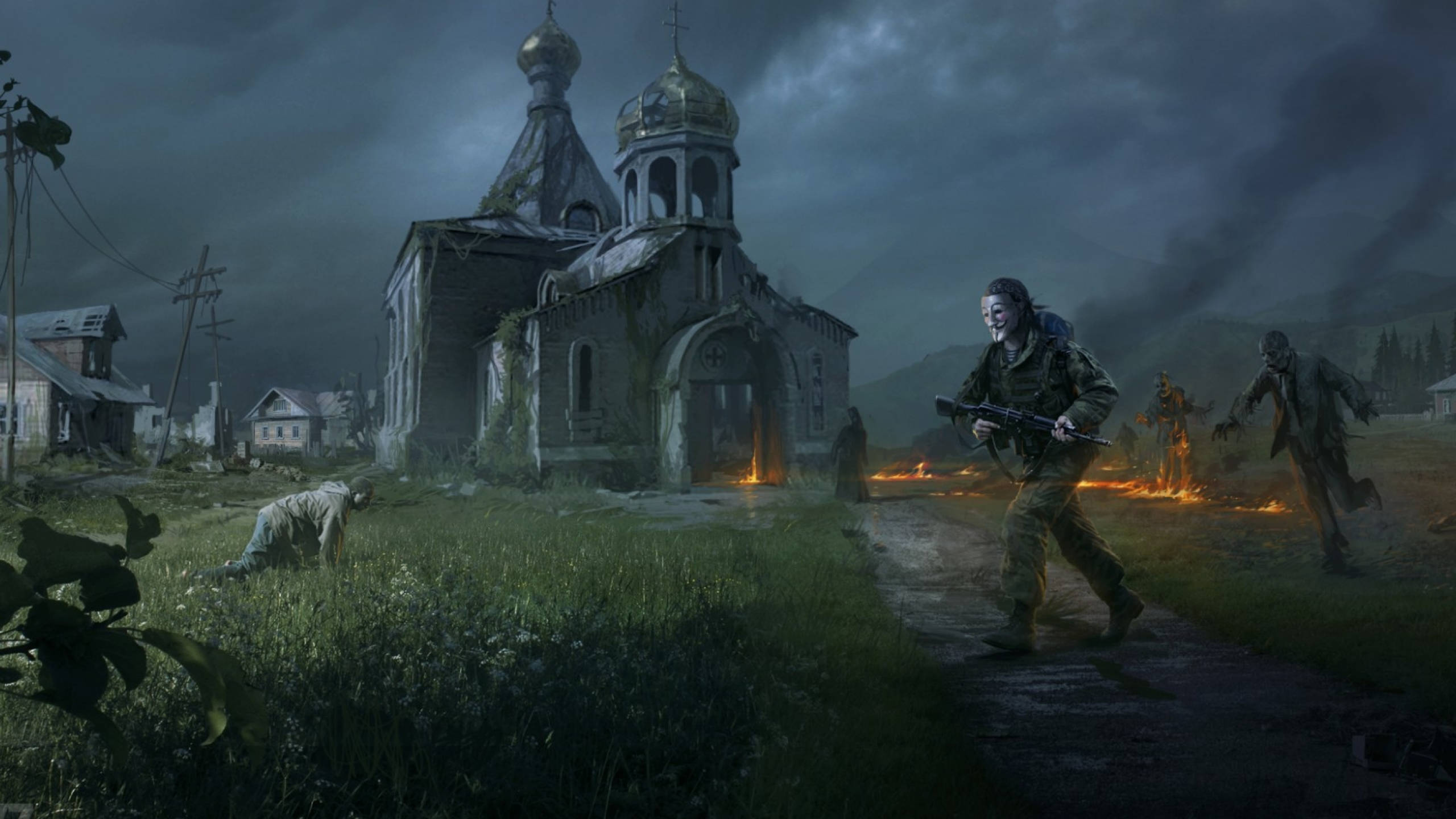 DayZ 教堂場景 壁紙 — 一名士兵拿著步槍穿過草地跑向一座燃燒的教堂，而殭屍在暴風雨的夜空下追趕他。