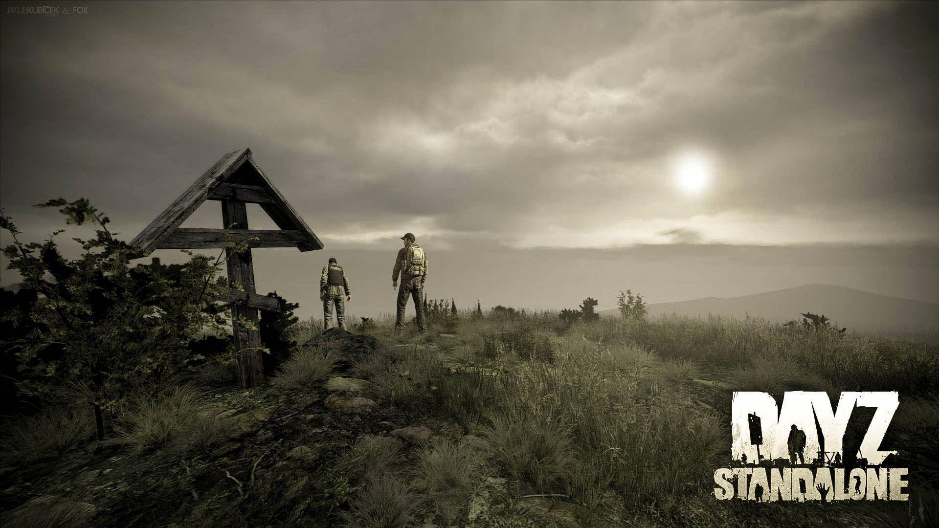 《DayZ 獨立版》極端生存冒險 壁紙 — 兩名倖存者站在長滿草的山丘頂上，旁邊是一個風化的木製十字架，天空陰沉多雲，蒼白的太陽隱約可見。
