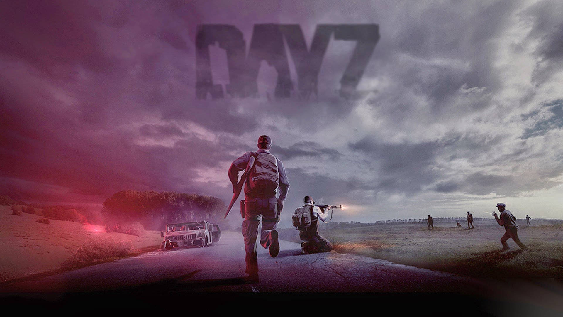 DayZ 純粹生存戰鬥 壁紙 — 士兵們跑過荒涼的道路，一輛破車在紫色天空下冒煙，'DAY 7' 懸在頭頂。