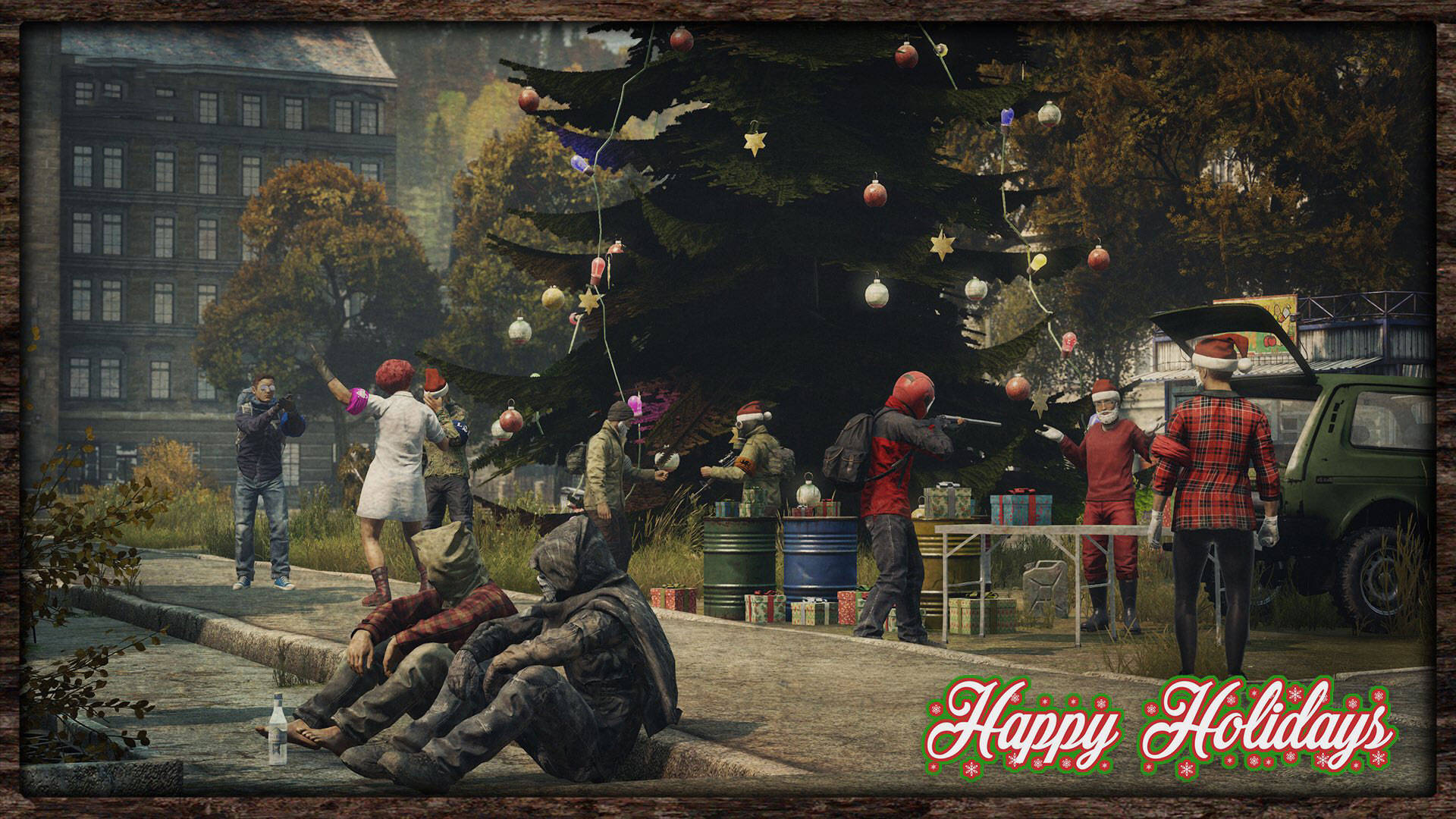 《DayZ》聖誕節特別場景 壁紙 — 一群穿著冬季服裝的人正在城市庭院中，用裝飾品和燈飾裝飾一棵大樹，附近有一輛綠色貨車。