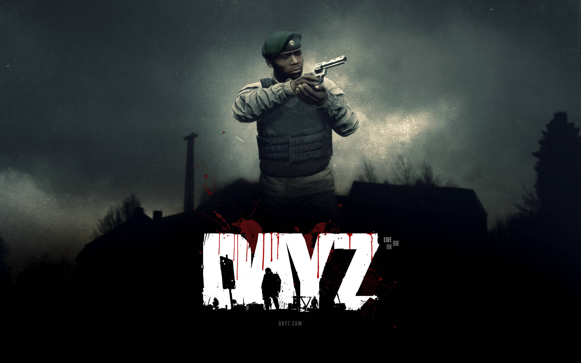 DayZ 角色持槍標題畫面 壁紙 — 一名戴著綠色貝雷帽的士兵在暴風雨的天空下瞄準手槍，帶有血跡和滴落的紅色文字「MAYZ」。