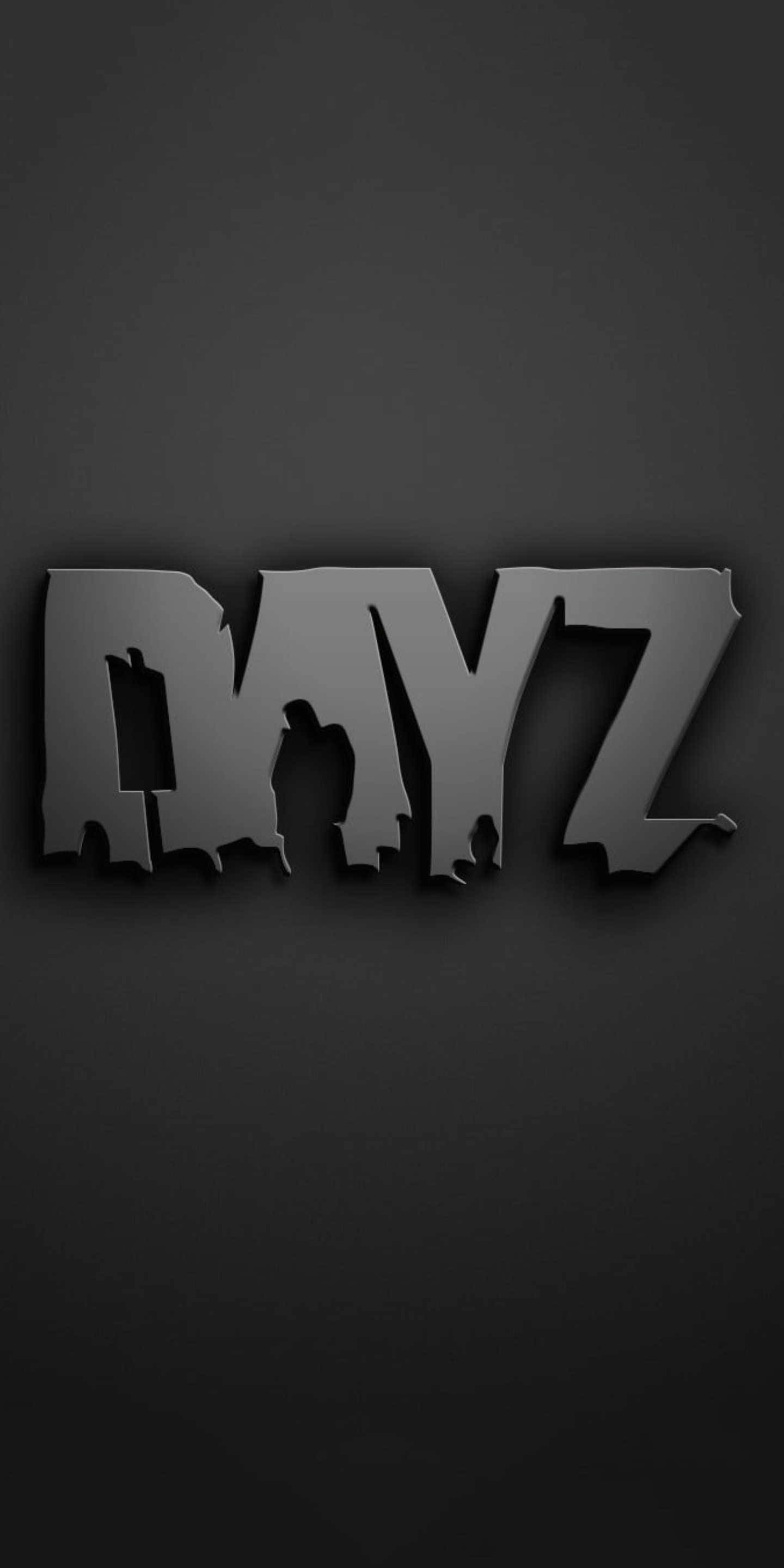 《DayZ》遊戲標題 壁紙 — 大膽的金屬 DAYZ 標誌，字母內有剪影人物，背景為深色漸變。
