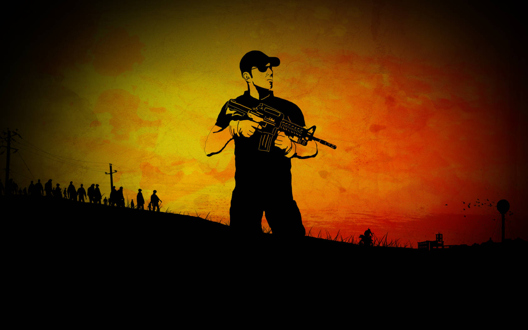 DayZ持槍站立人影 壁紙 — 一名士兵持步槍的剪影，背景是火紅橙黃色的日落，遠處山丘上有人影。