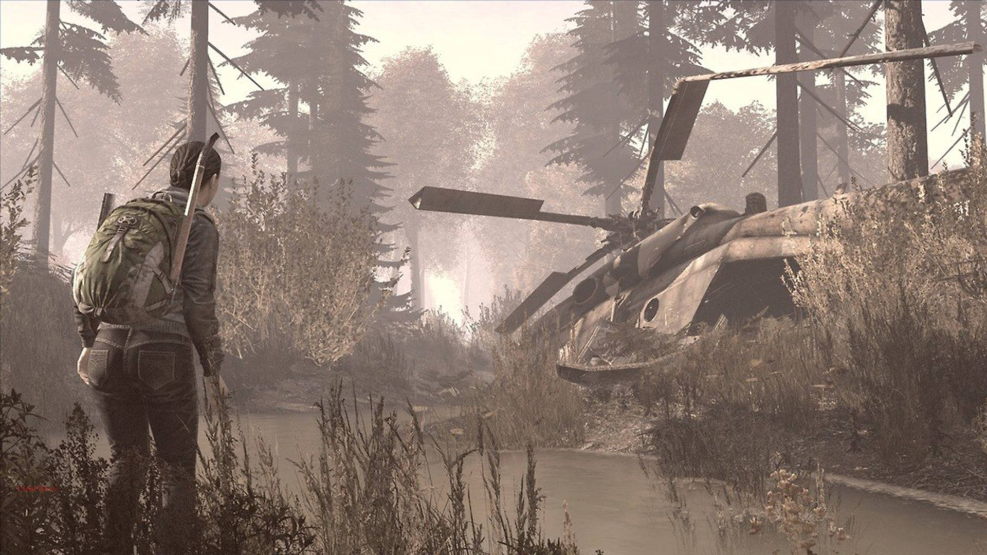 DayZ穿越森林的河流 壁紙 — 一個孤獨的倖存者背著背包和步槍，站在霧氣瀰漫的森林空地中一架墜毀的直升機旁。