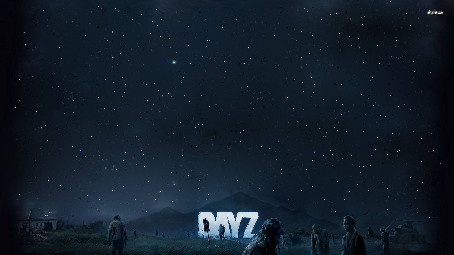 DayZ繁星夜空 壁紙 — 剪影人物站在星空下，發光的白色字母在遠山前拼出 DAYZ。