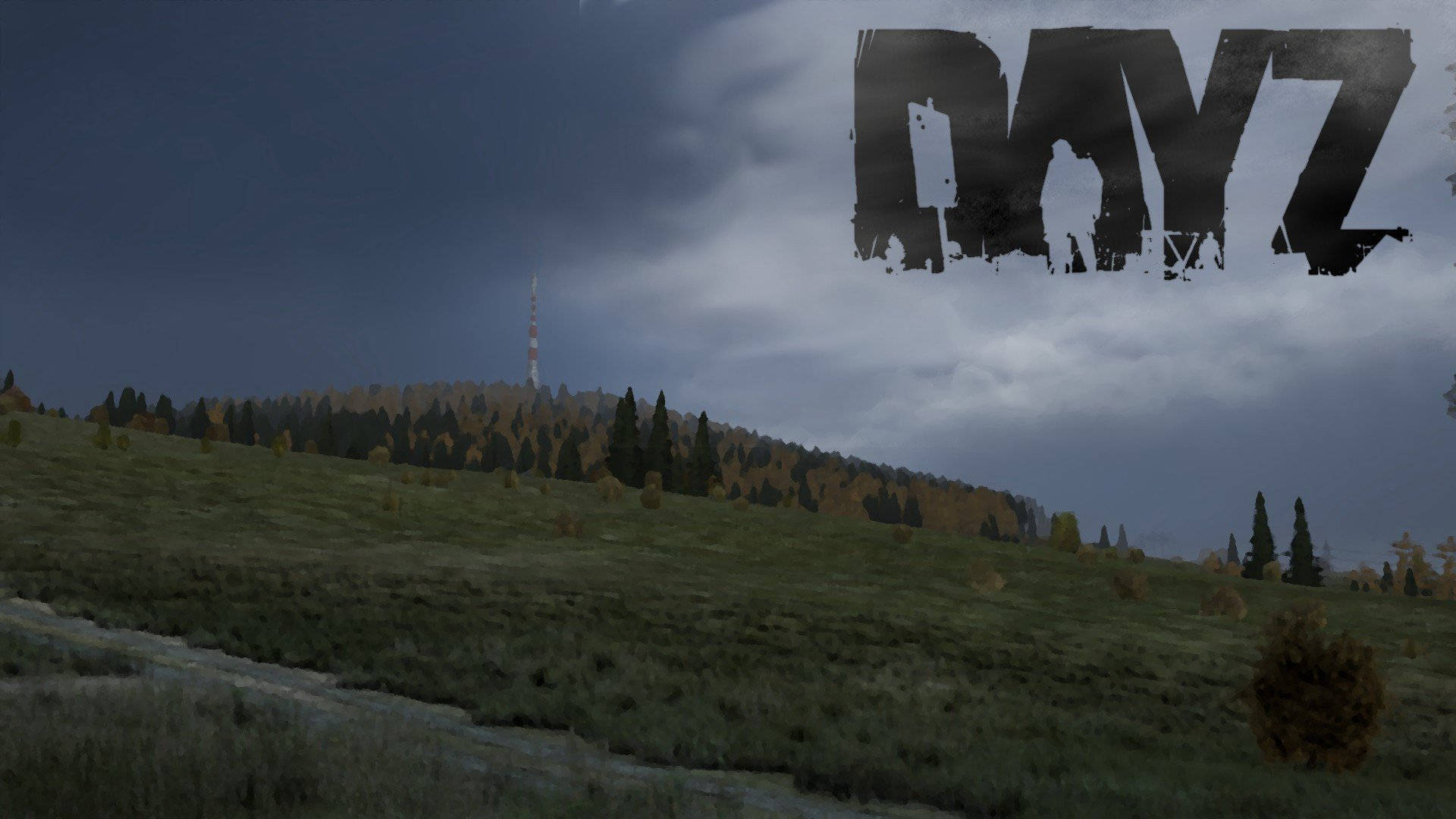 DayZ陰鬱天空 壁紙 — 陰沉的陰天籠罩著一個長滿草的山丘，點綴著秋天的樹木和一個遙遠的無線電塔，上面有粗體塗鴉風格的文字DAYZ。