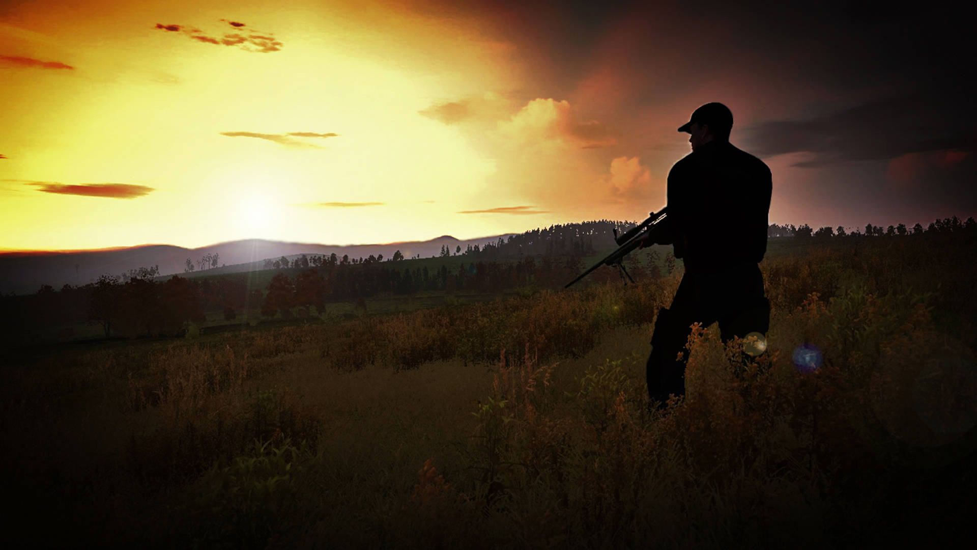 DayZ黃昏時分 壁紙 — 獵人的剪影在日落時分站在高草叢中，手持步槍，背景是火熱的橙色和紫色天空。