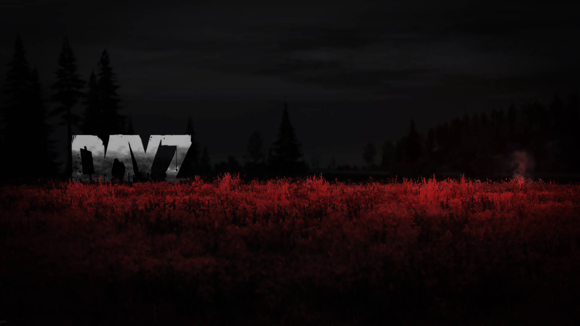 DayZ黑紅主題風景 壁紙 — 一個黑暗的夜晚場景，有發光的紅色樹葉，以及以粗體白色字母寫成的詞語 'DAY7'，背景是森林輪廓。