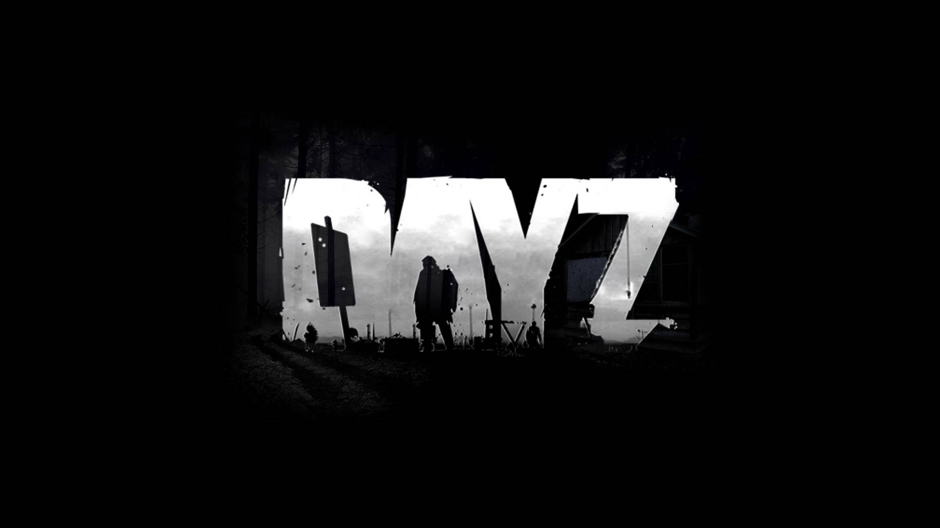 DayZ黑色背景 壁紙 — 一個孤獨的身影以剪影形式站在黑暗森林荒地中發光的「DAYZ」標題前。
