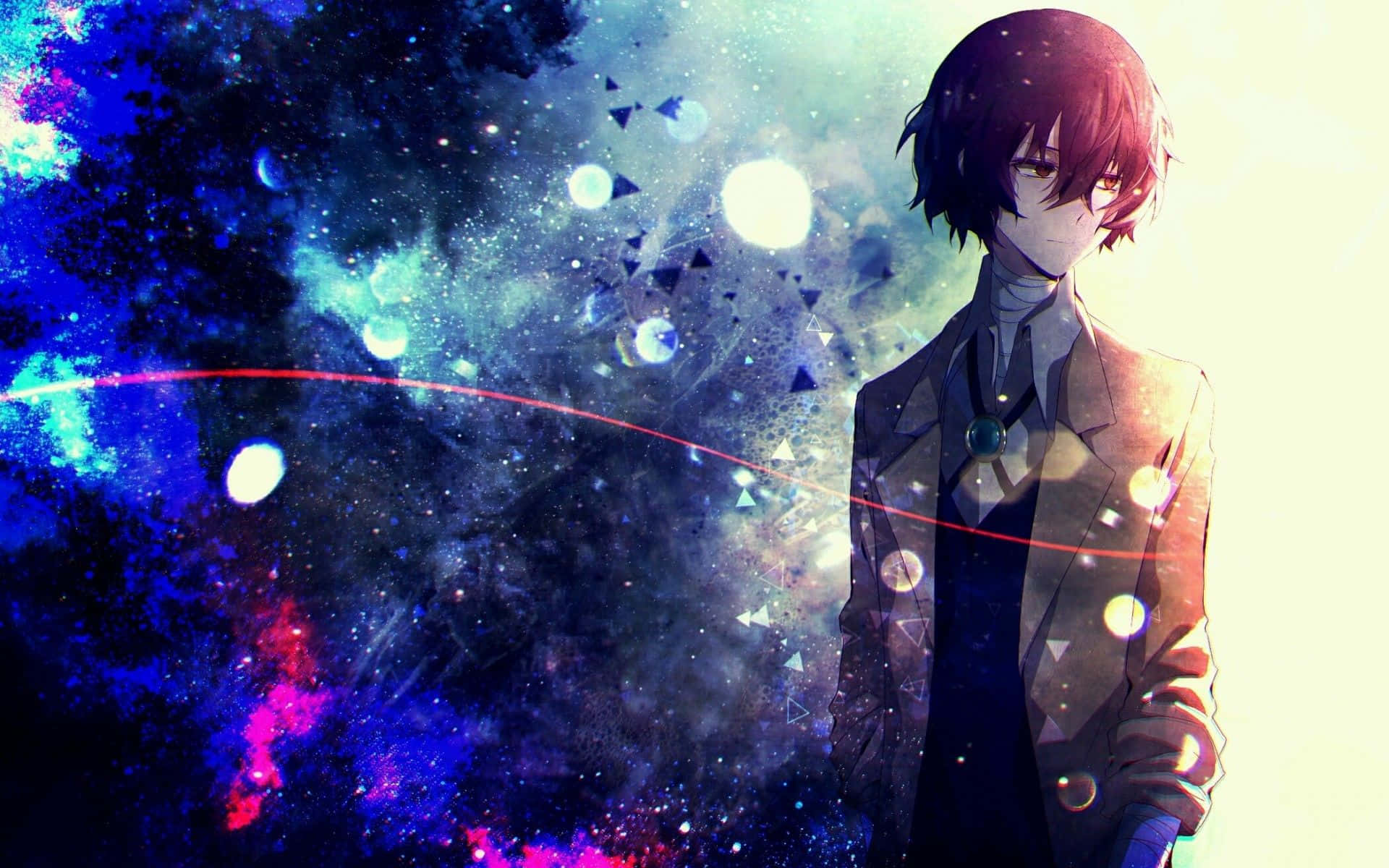 Dazai Osamu 动漫肖像引人入胜 壁紙 — 一個紅髮的年輕動畫男孩站在充滿發光球體和漂浮三角形的鮮豔宇宙星雲前。