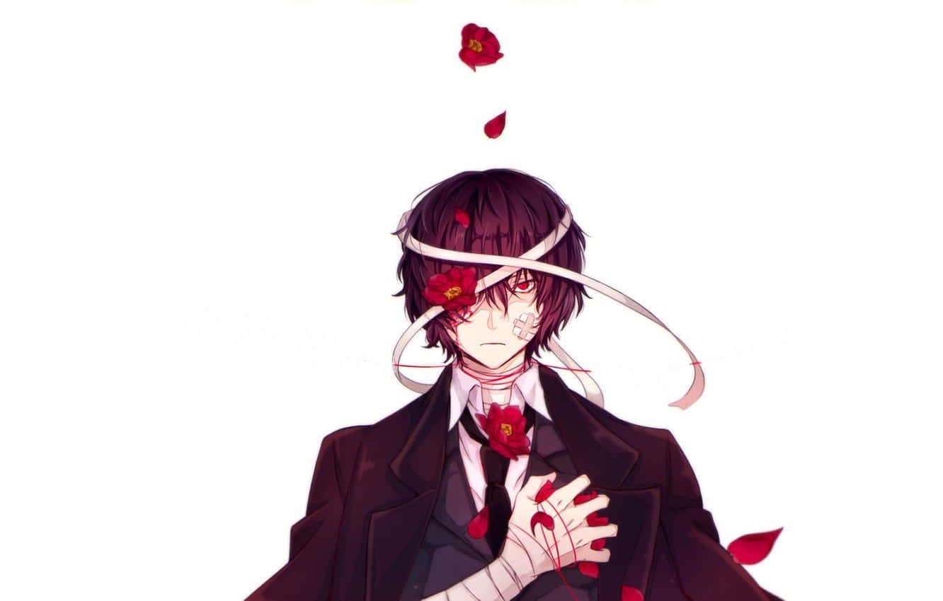 動漫男孩，頭部和胸部纏繞著紅色花朵和絲帶。
