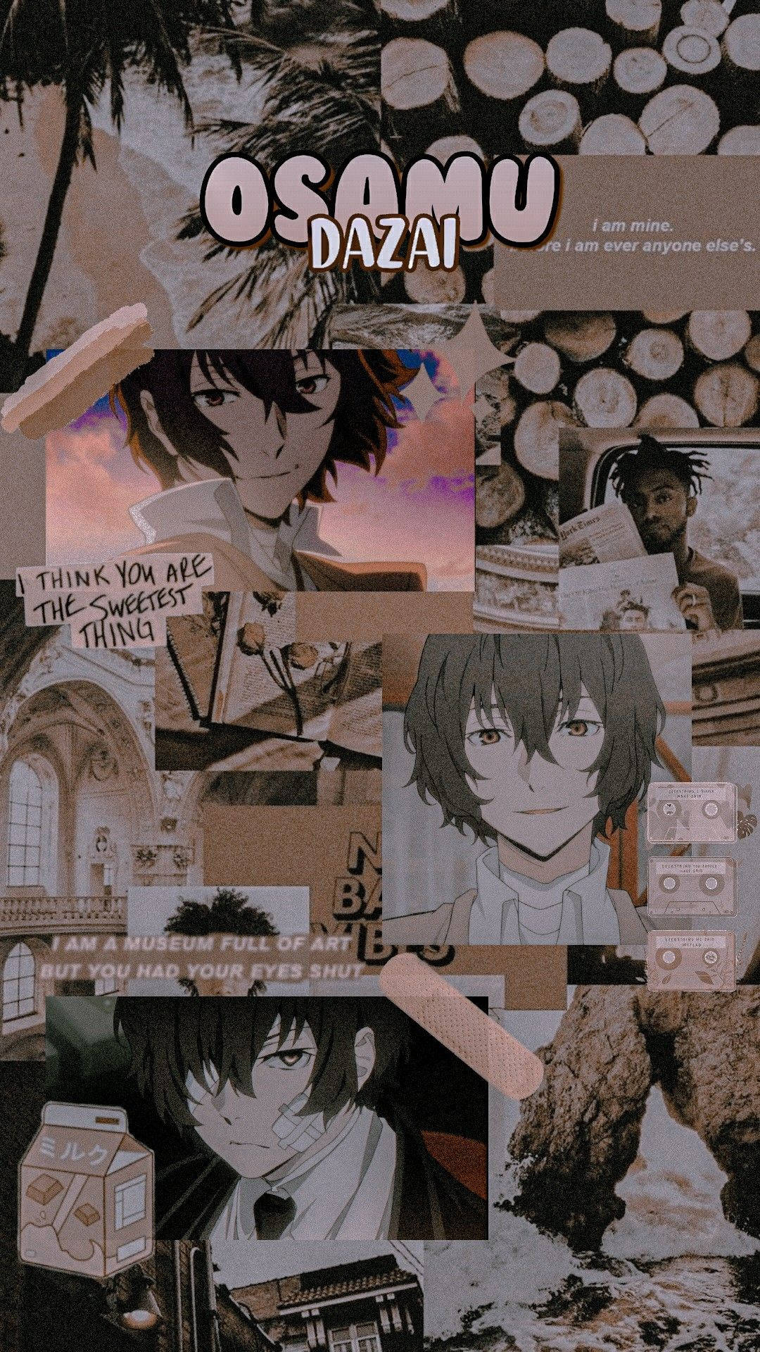 Dazai 咖啡色美學 壁紙 — 以動漫角色太宰治為主題的拼貼牆紙，包含文字語錄和復古照片，色調柔和。
