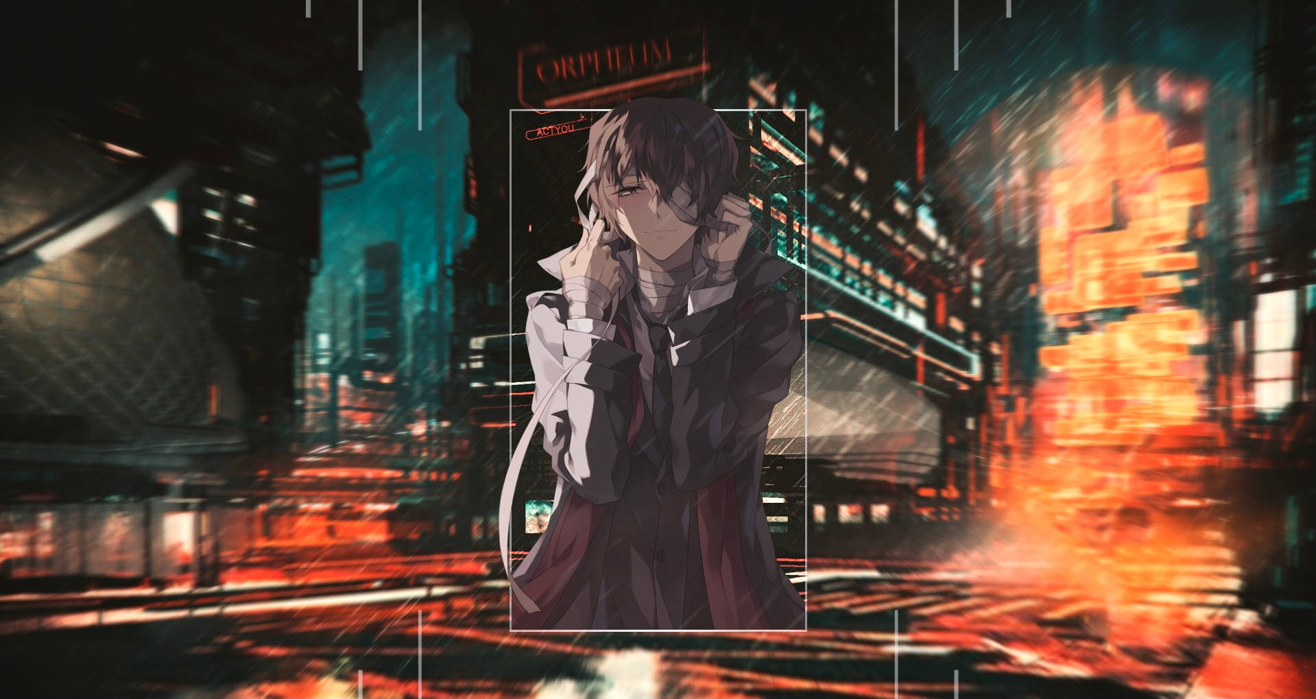 Dazai 對抗賽博都市 壁紙 — 一個孤獨的動漫角色站在霓虹燈閃爍、光線流動、高樓林立的賽博龐克城市景觀中。