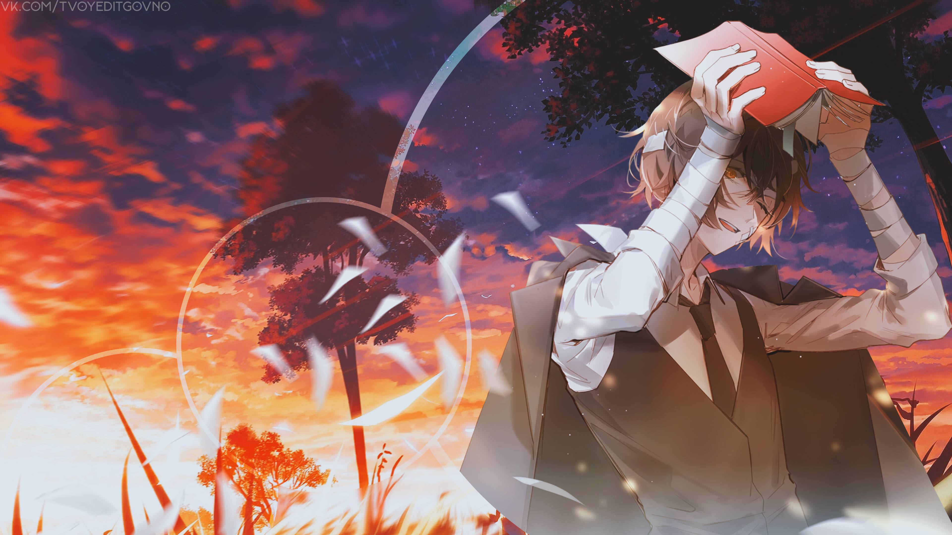 Dazai 數位藝術 壁紙 — 棕色頭髮的動漫男孩在火紅的夕陽天空下，伴隨著發光的樹木和飄浮的紙張，閱讀一本紅色的書。