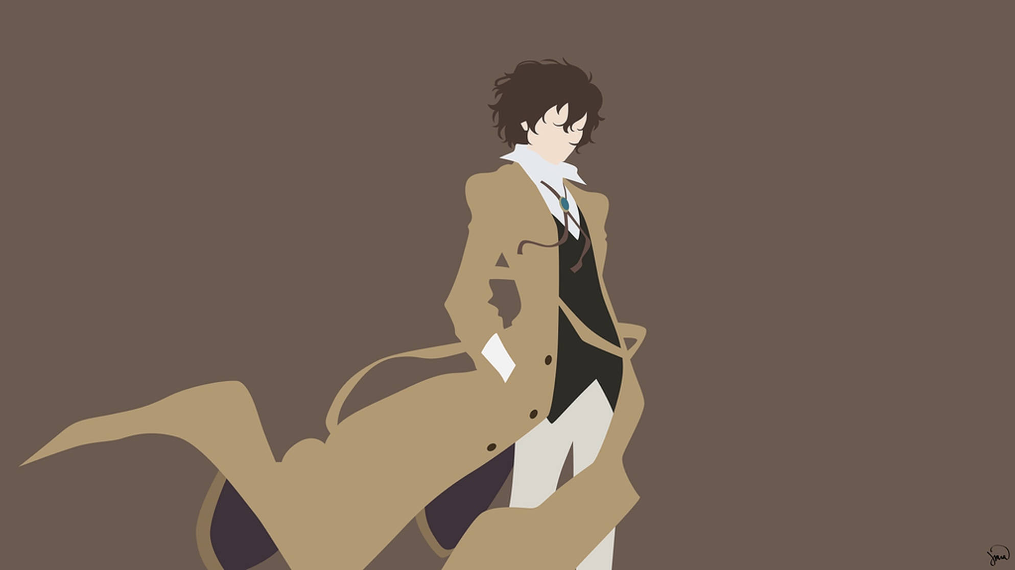 Dazai 矢量藝術 壁紙 — 一個風格化的動漫角色穿著米色風衣，以自信的姿態站在純棕色背景前。