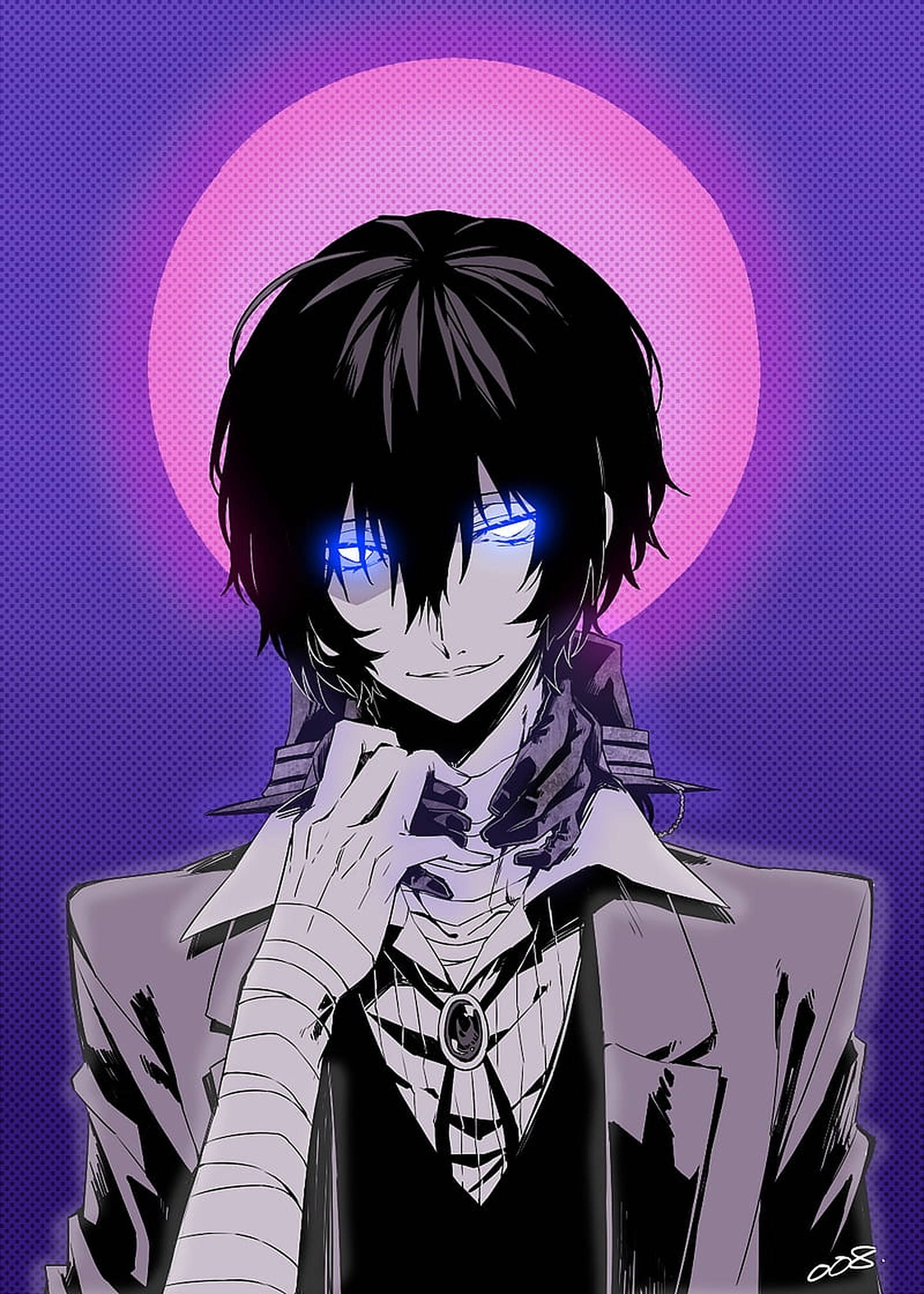 Dazai 紫色月光 壁紙 — 一個風格化的動漫角色，擁有發光的藍色眼睛和深色頭髮，站在充滿活力的紫色背景前，帶有粉紅色圓形光環。