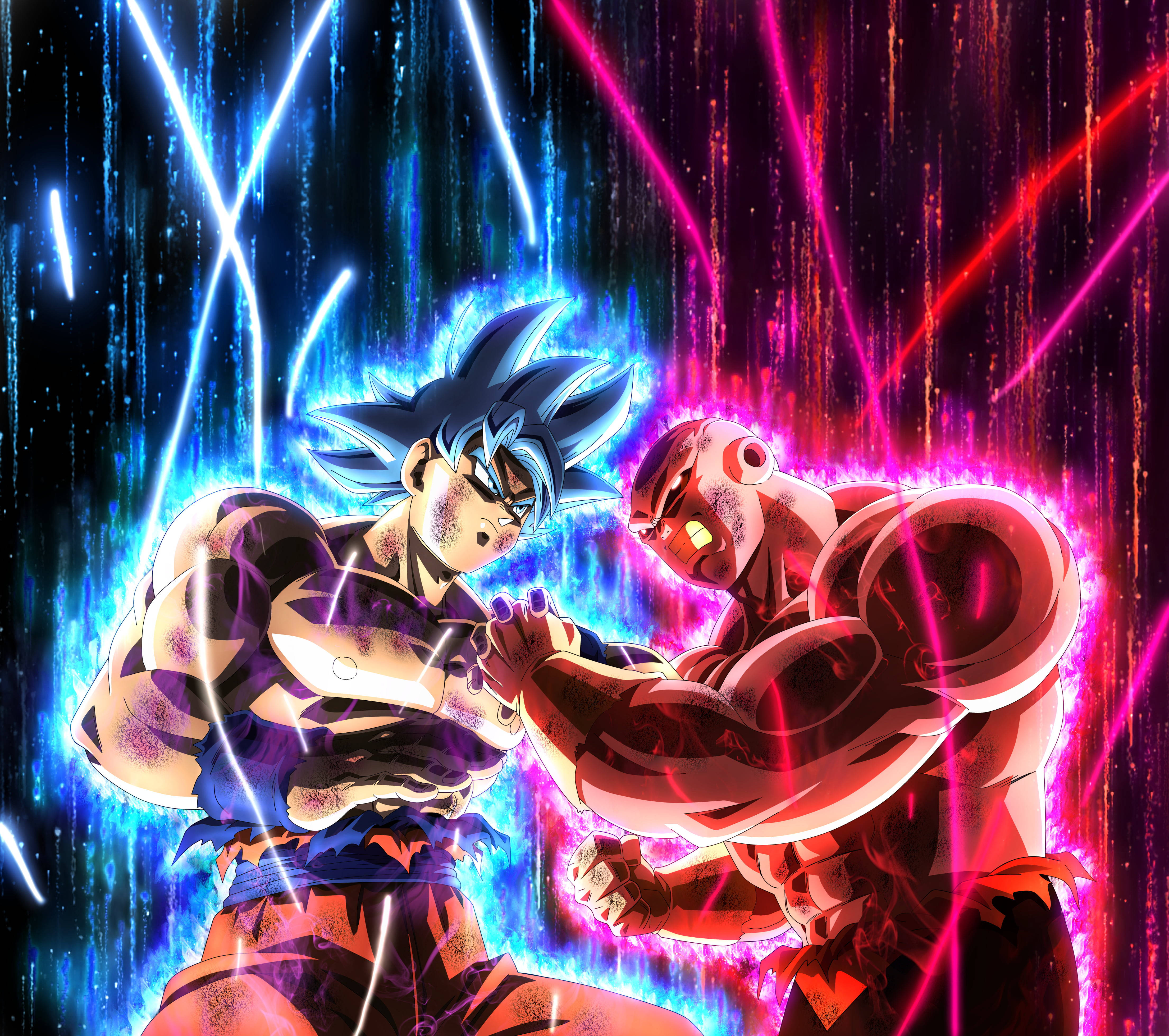 悟空與吉連DBZ 4K 壁紙 — 兩位動漫戰士在一場充滿活力的霓虹燈戰鬥中碰撞，藍色和粉紅色的能量光束在他們周圍爆發。