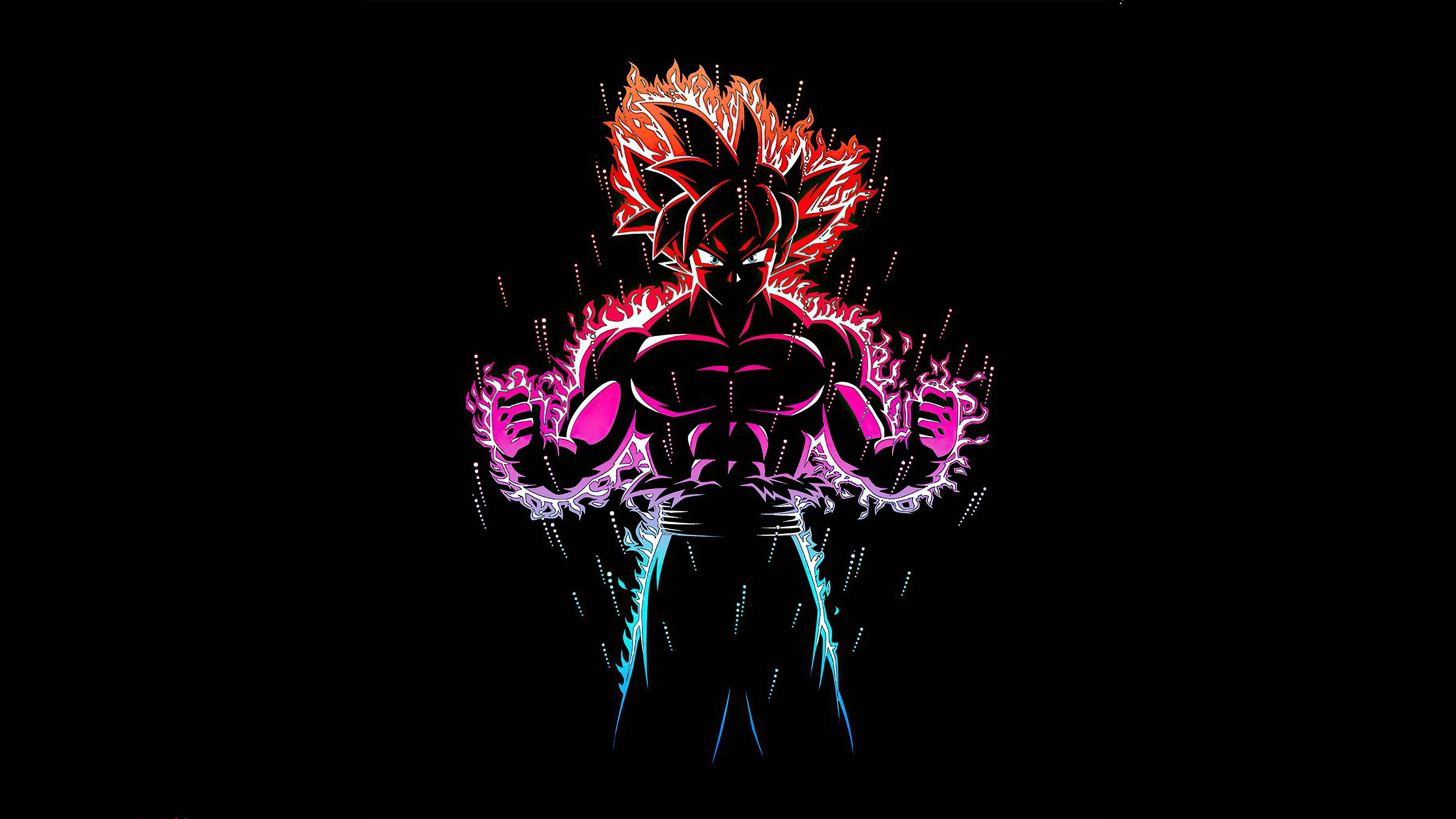 經典彩色悟空 DBZ 4K 壁紙 — 一個發光的動漫戰士，擁有火紅的頭髮和電光紫的氣場，在黑色背景下強勢站立。