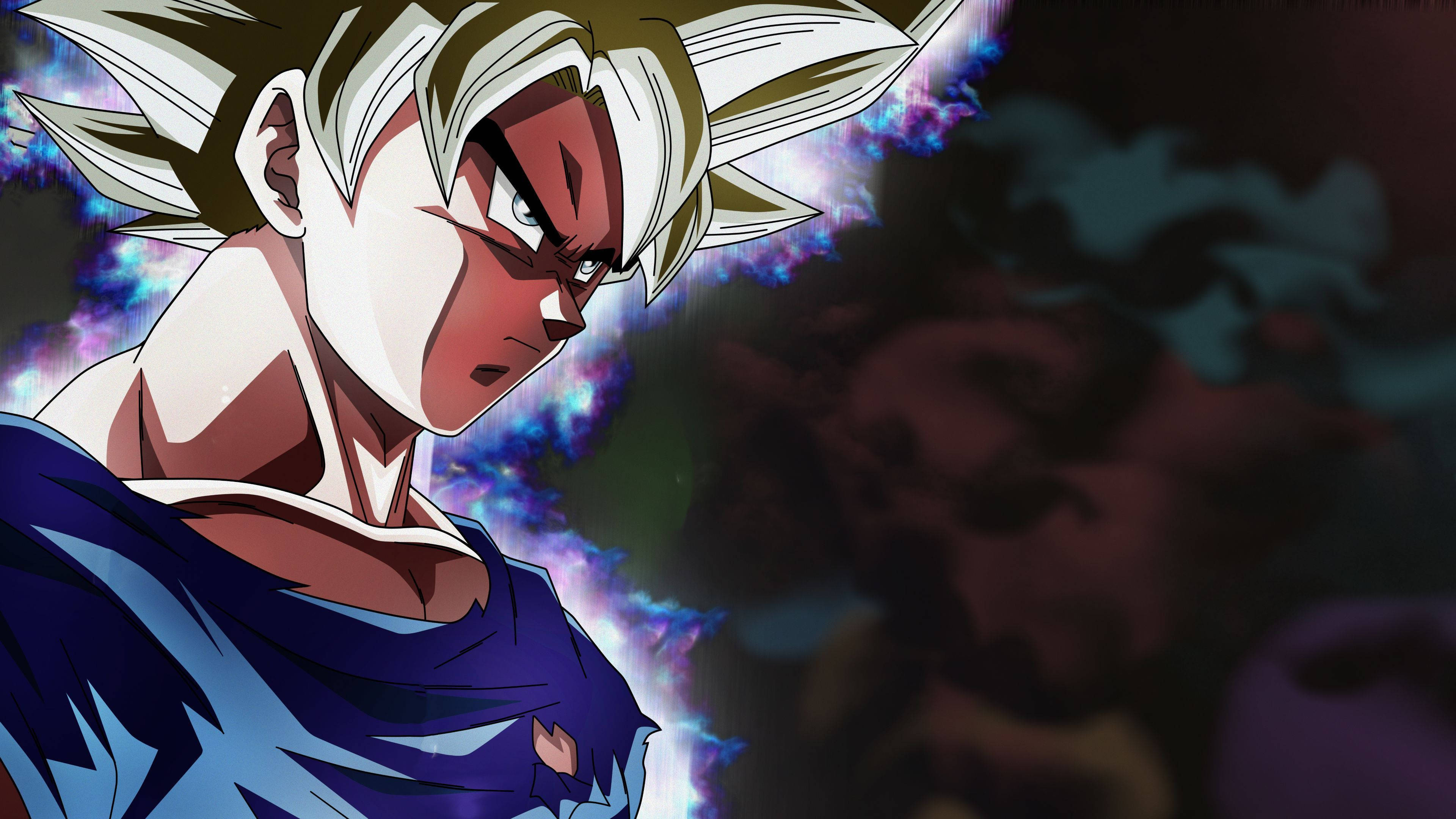 悟空完美超級本能 DBZ 4K 壁紙 — 擁有尖刺白髮和銳利眼神的動漫角色，在宇宙能量背景下散發力量。