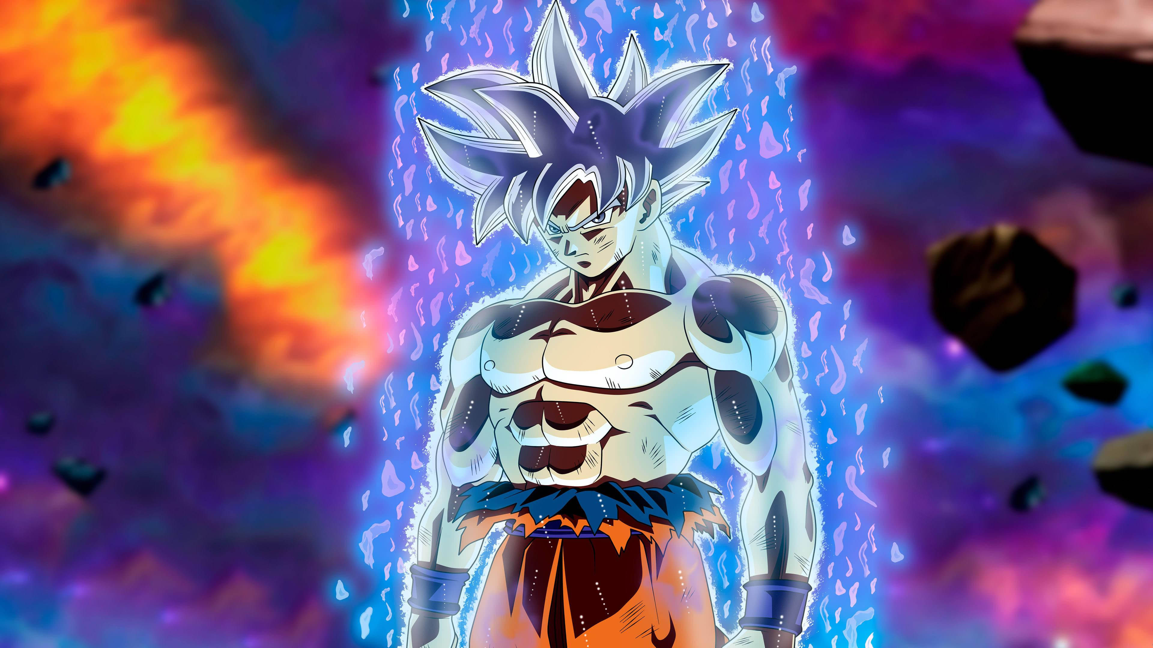 超級賽亞神 悟空 DBZ 4K 壁紙 — 一個擁有尖刺藍色頭髮和發光光環的強大動漫戰士，站在宇宙碎片和熾熱星雲之中。