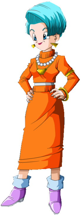 布爾瑪經典橙色連衣裙 DBZ 壁紙 — 一位自信的藍髮動漫女性，穿著橙色連衣裙和紫色靴子，背景為黑色。
