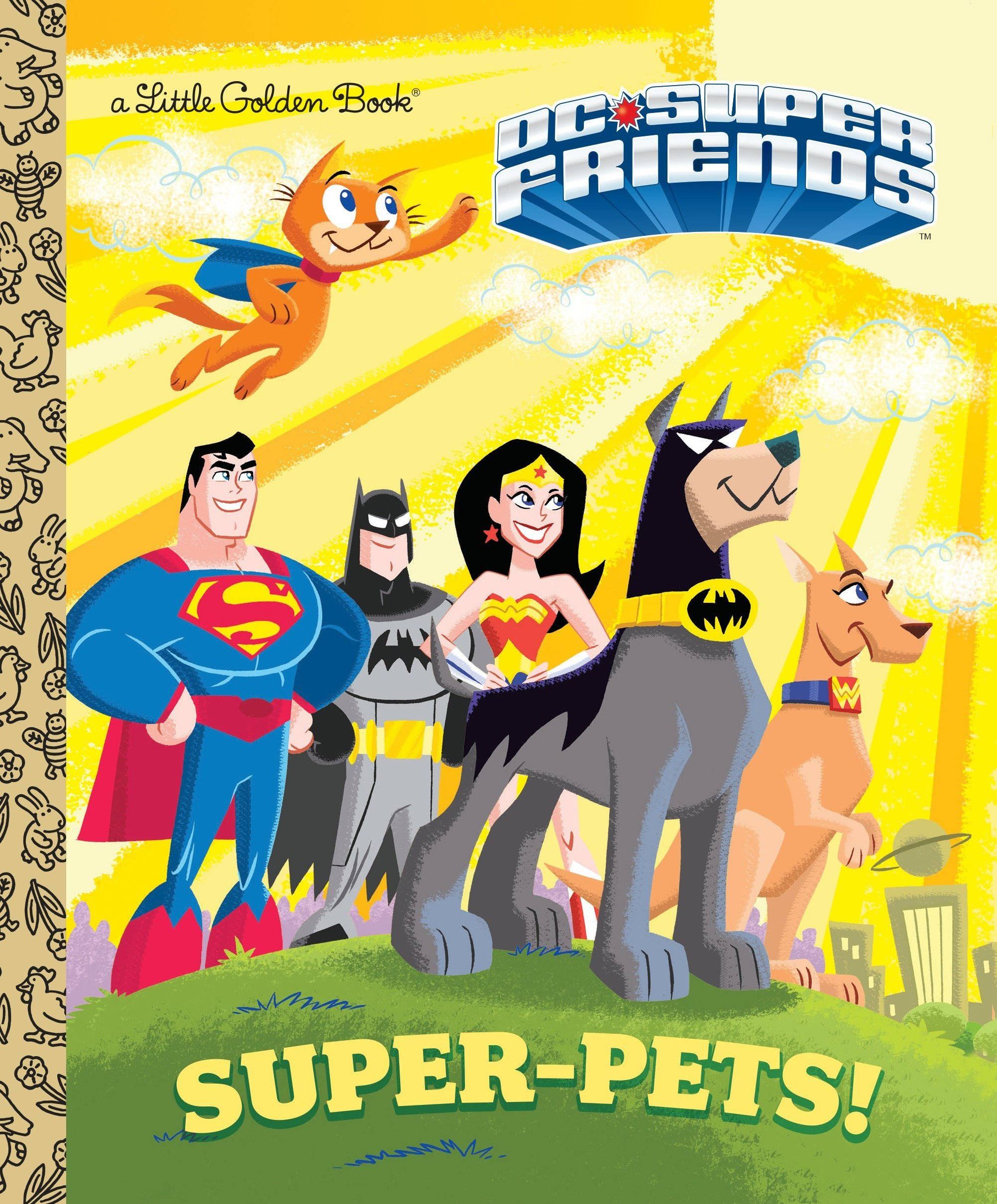 DC超級寵物聯盟 黃色海報 壁紙 — DC Super Friends 動畫角色，包括超人、蝙蝠俠、神奇女俠及其動物盟友，在明亮的黃色天空下英勇地擺出姿勢。