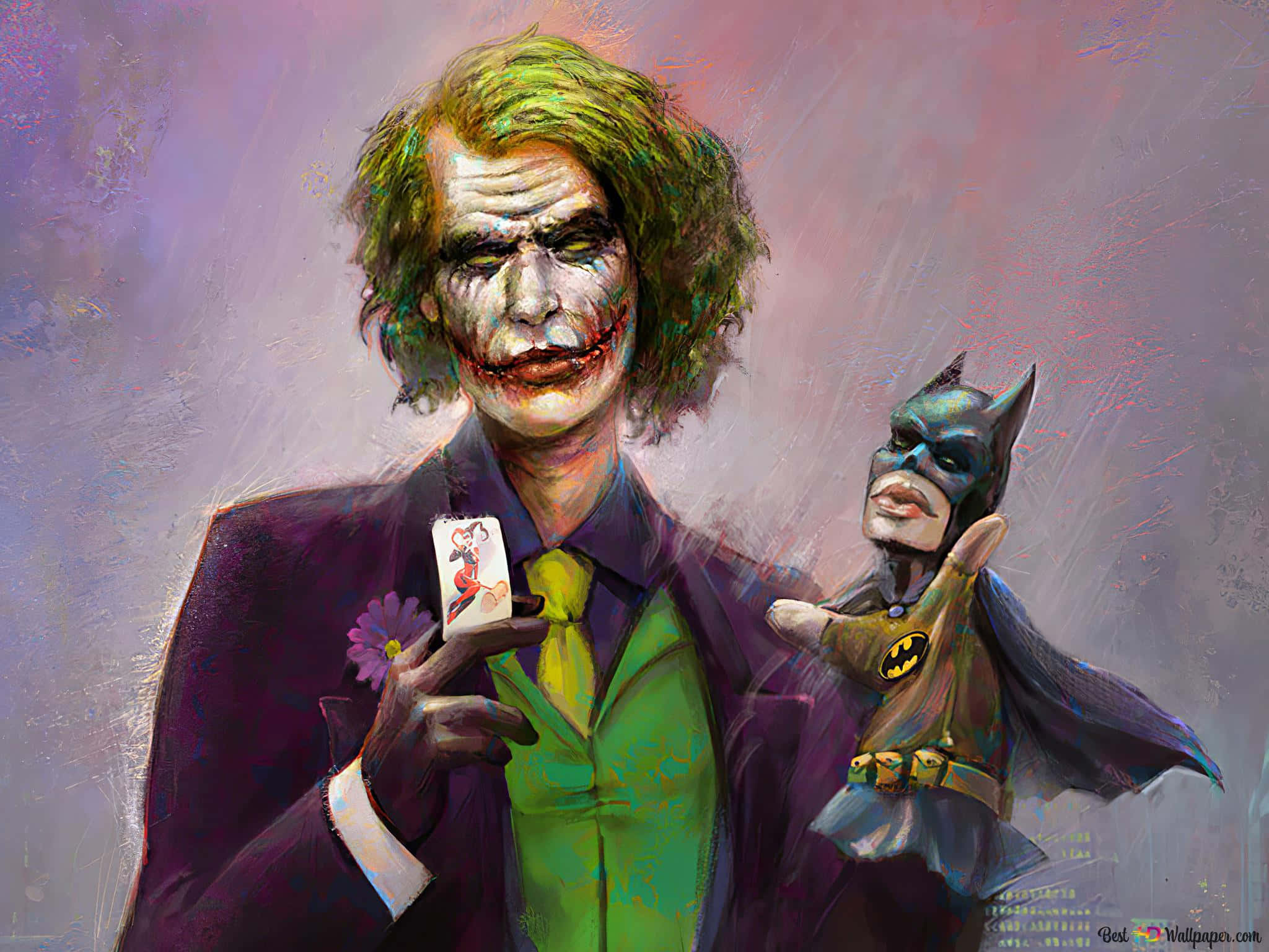 進入混亂！DC漫畫最愛的反派——小丑！ 壁紙 — 小丑穿著紫色西裝，手持紅心皇后牌，蝙蝠俠站在他旁邊，這是一幅風格化的數位畫作。