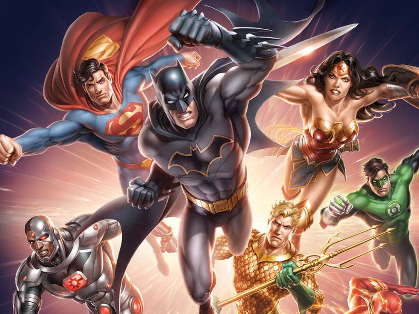 遊戲 DC Universe Online 激怒超級英雄插畫 壁紙 — 充滿活力的超級英雄團隊帶著發光的能量和醒目的服裝，在燦爛的宇宙背景下向前衝刺。