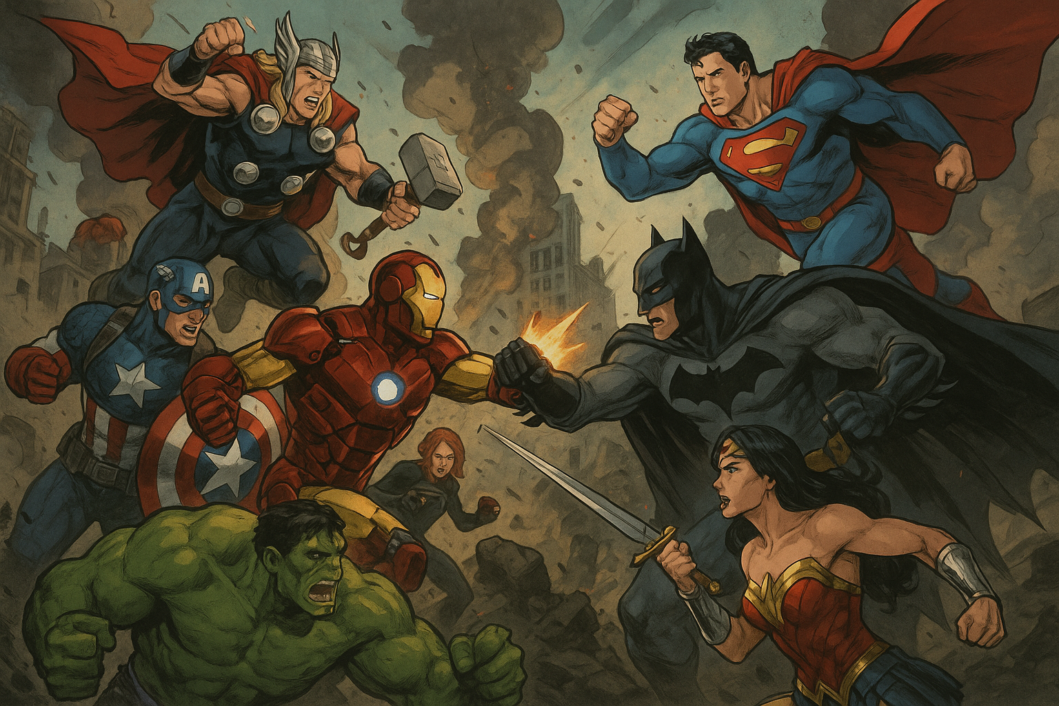 DC VS MARVEL 誰會贏？？？ 壁紙 — 超級英雄在充滿煙霧和碎片的 gritty 城市戰鬥中激烈衝突，姿勢充滿動感。