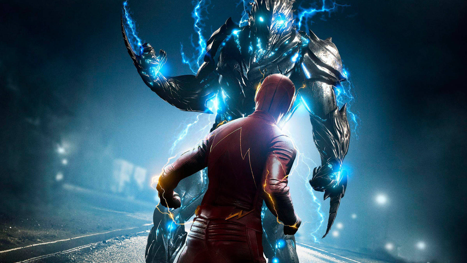 The Flash 在雨夜的街道上與一個被閃電強化的敵人對峙。