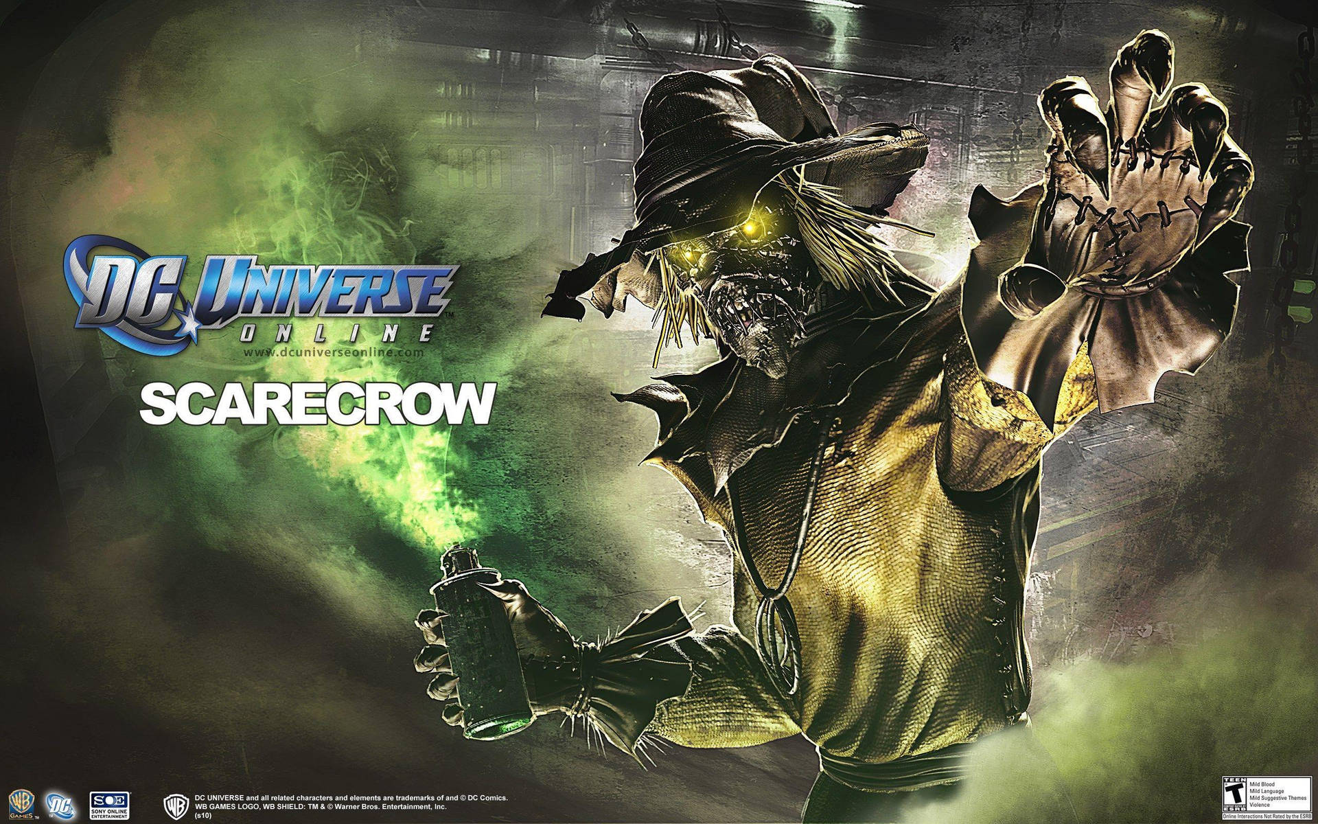 來自DC Universe Online的反派稻草人在黑暗的工業場景中噴灑綠色毒素。