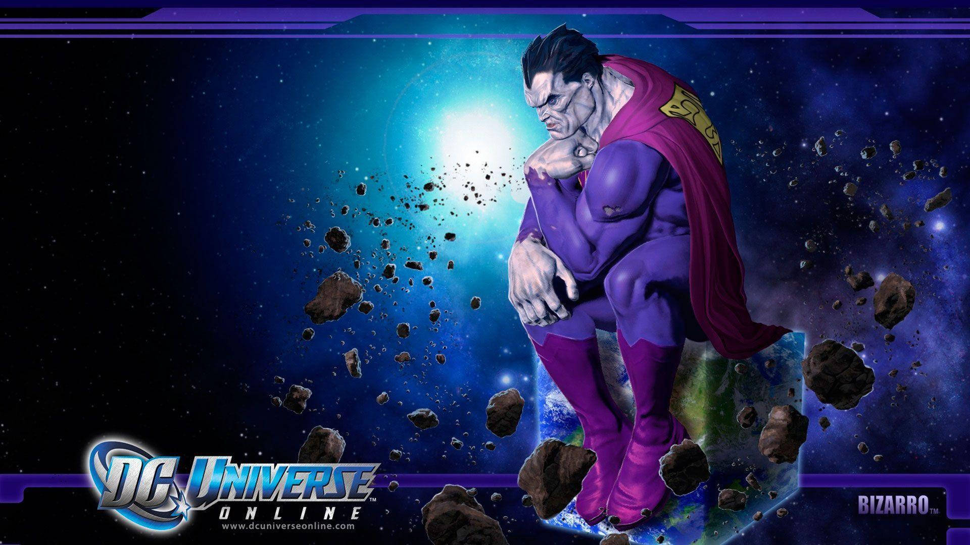 Bizarro Superman 坐在太空中的漂浮小行星之間，背後有一顆發光的藍色星星。