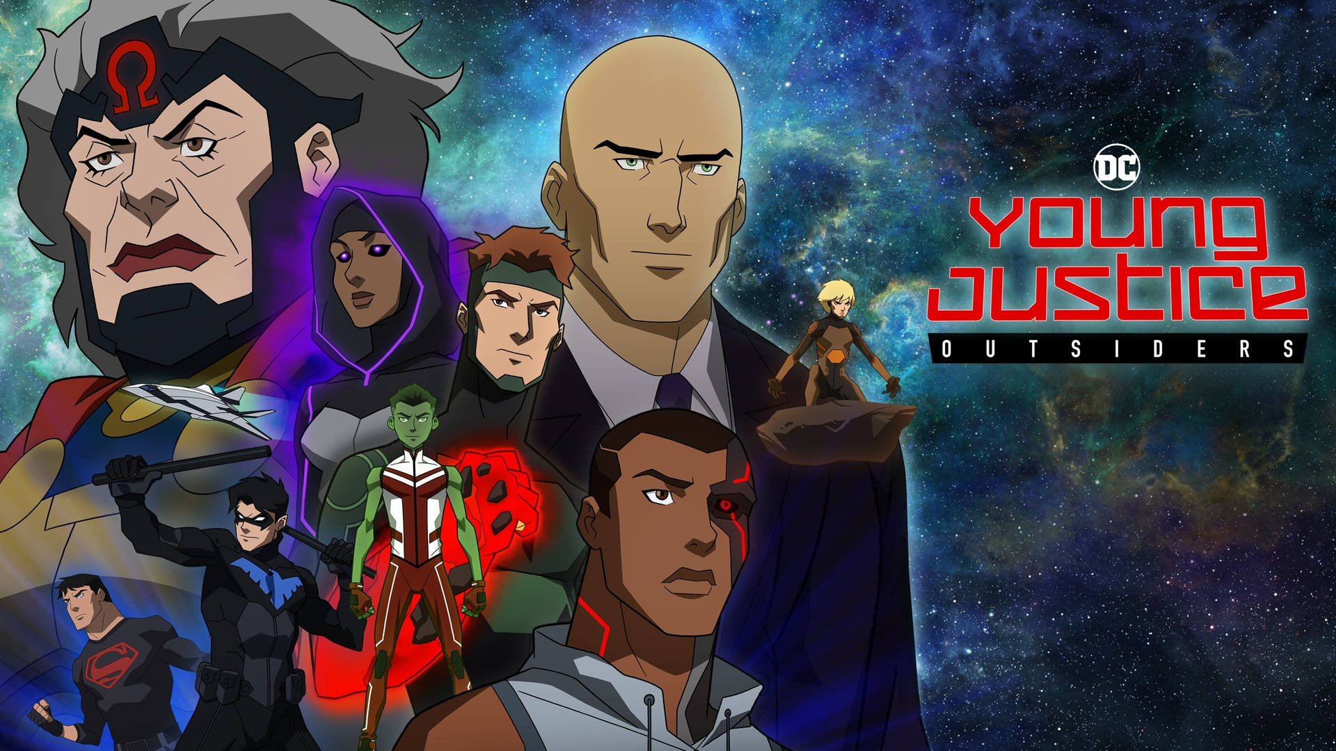 Young Justice Outsiders動畫超級英雄團隊在星空太空背景下。