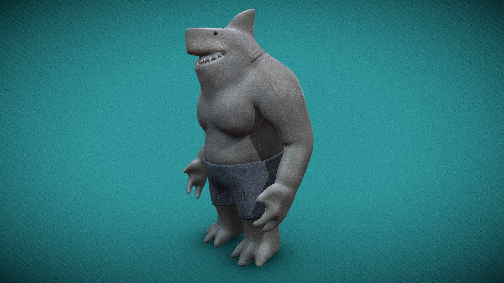 一個卡通化的3D鯊魚穿著短褲微笑。