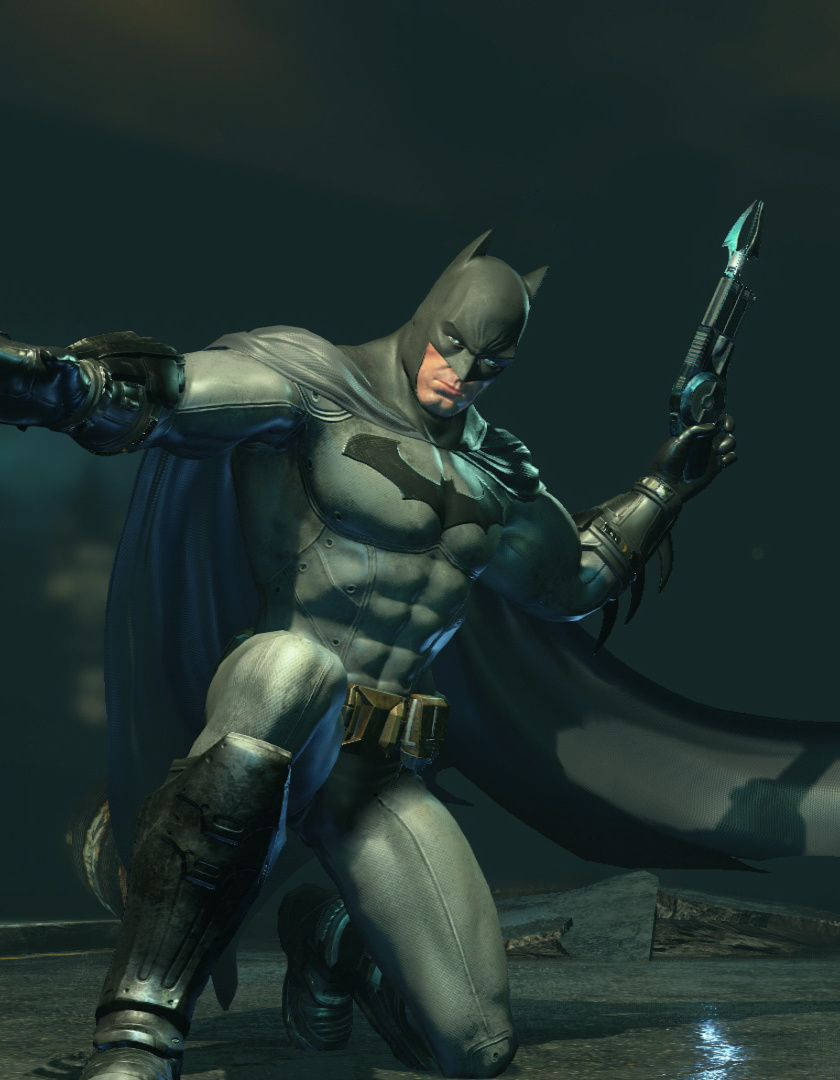 黑暗城市環境中手持蝙蝠鏢、披風飄揚的蝙蝠俠。