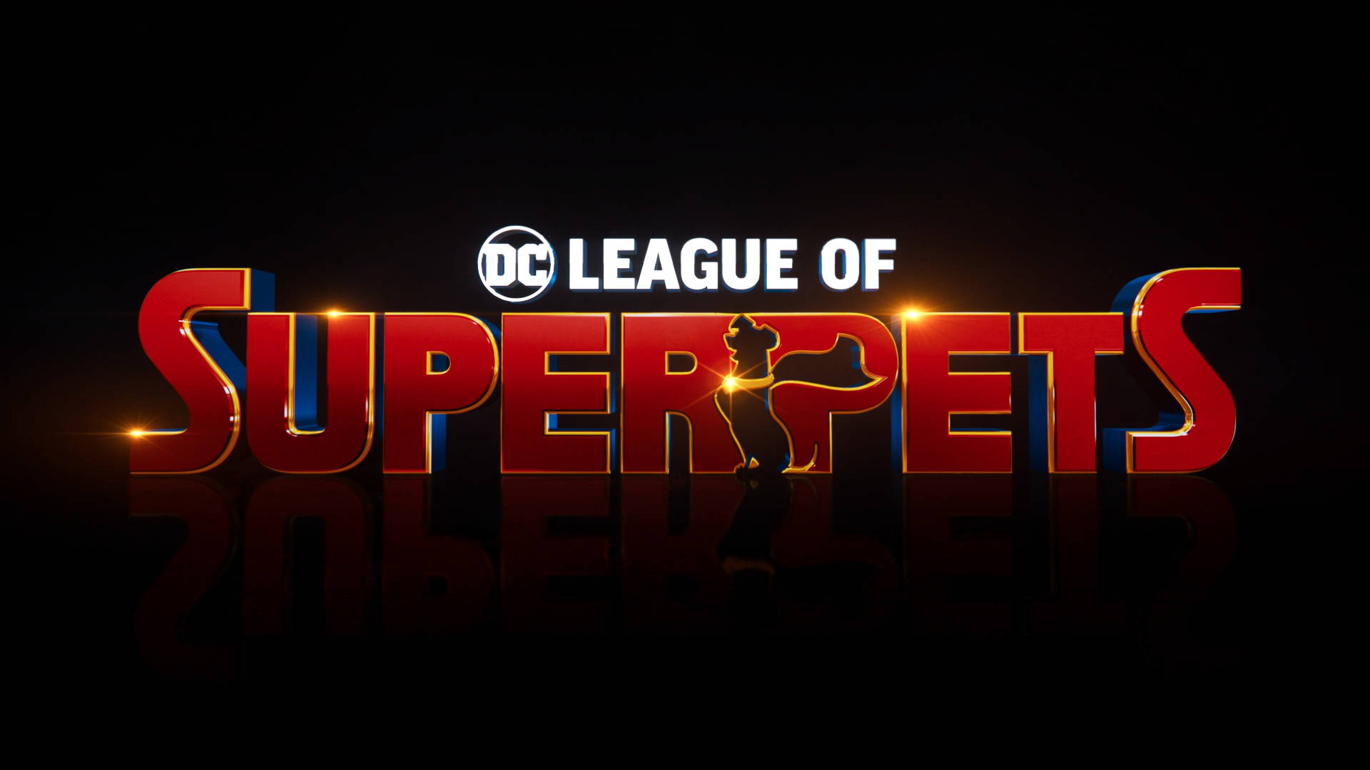 DC League of Super Pets標誌，帶有發光紅色3D文字和狗剪影。