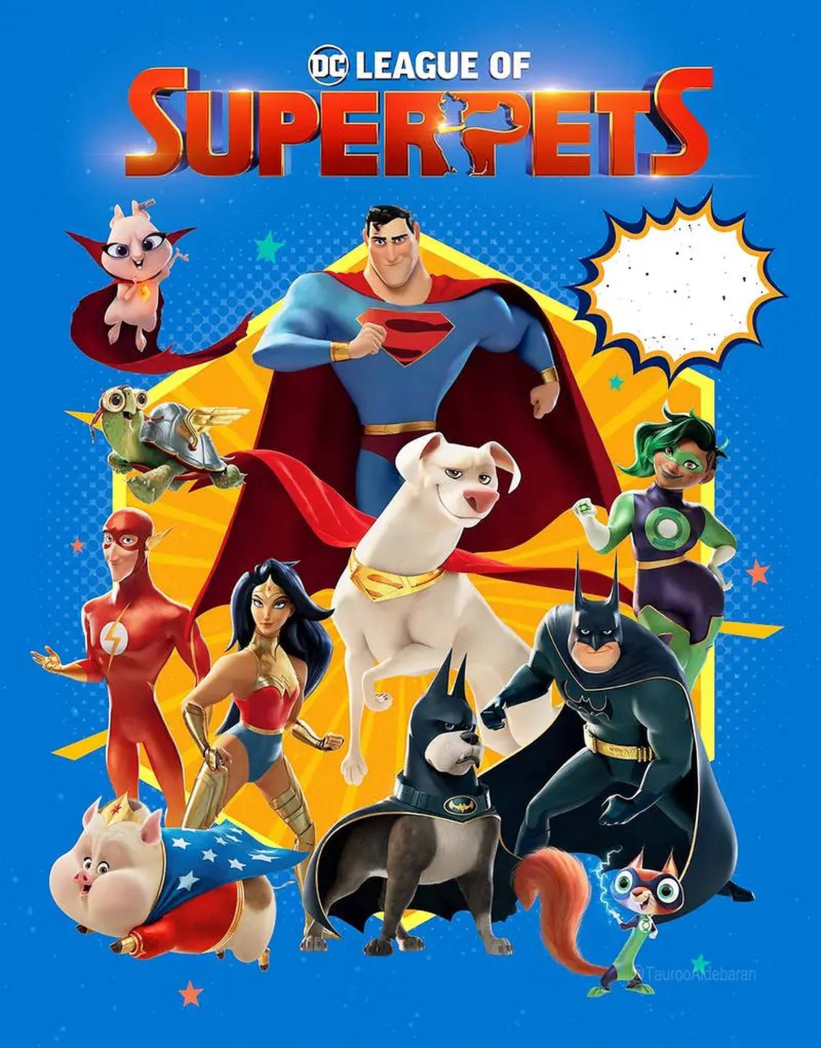 DC超級寵物隊：卡通超級英雄 壁紙 — DC League of Super Pets 海報，以動畫超級寵物和英雄為特色，背景為明亮的藍色，帶有漫畫星星和黃色聚光燈。