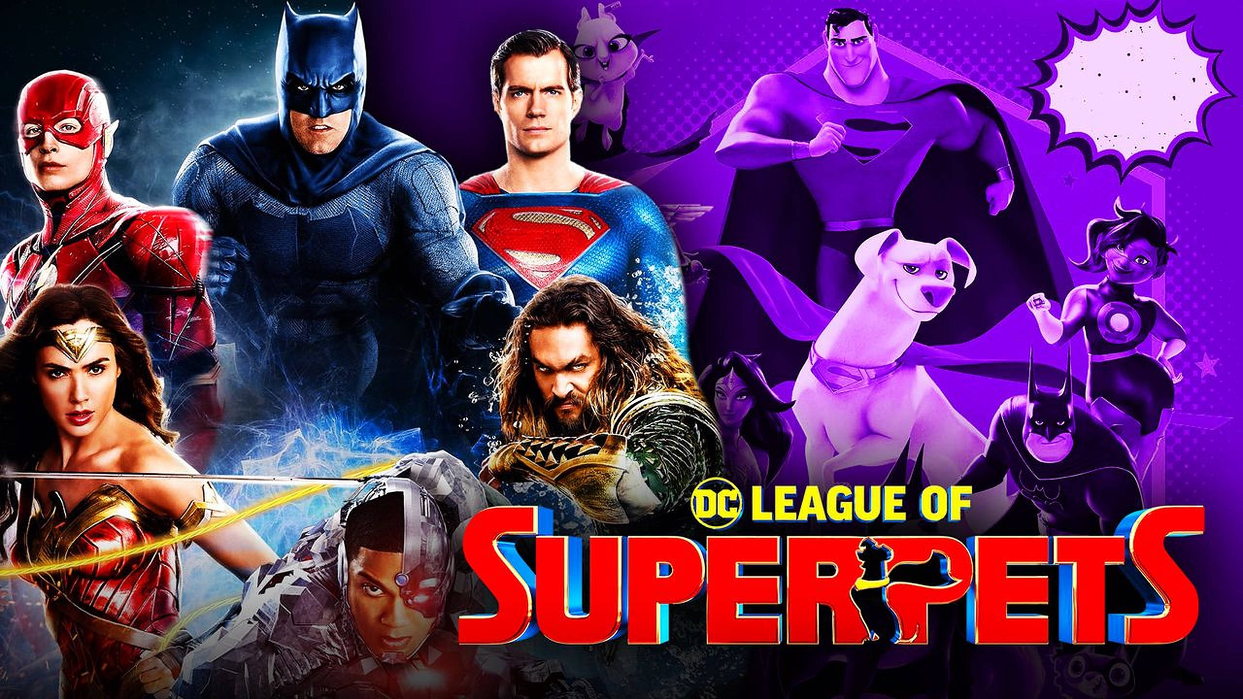 DC超級寵物隊與超級英雄 壁紙 — DC League of Super Pets 電影海報，展示超級英雄及其動物夥伴，背景為充滿活力的紫色宇宙背景。