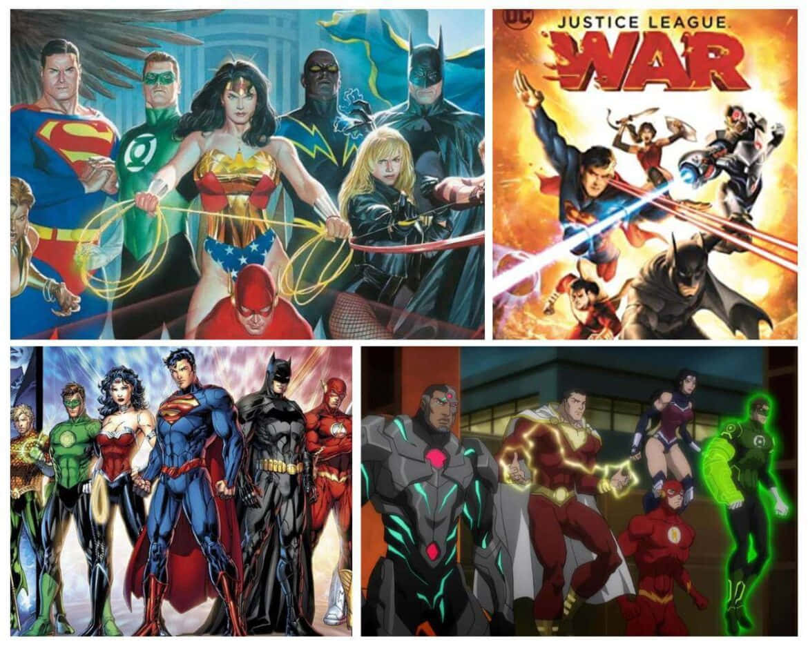 Justice League War 桌布 壁紙 — DC超級英雄如超人、神奇女俠和蝙蝠俠以充滿活力的漫畫藝術風格，以動態姿勢和發光能量效果英勇地站立。