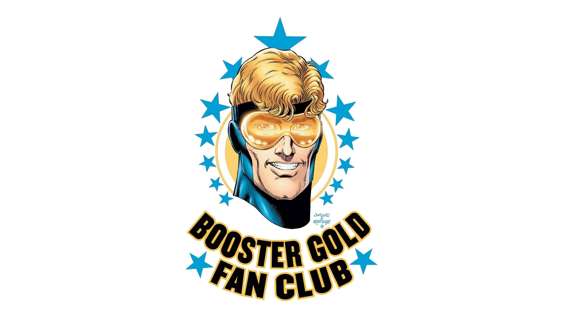 Booster Gold超級英雄標誌，帶有藍色星星和粉絲俱樂部文字。