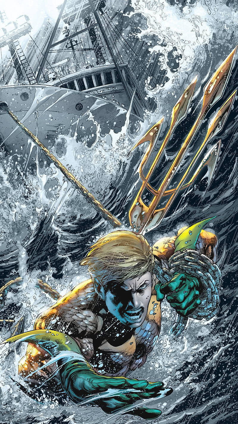 水行俠在波濤洶湧的海水中戰鬥，身後有一艘沉船。