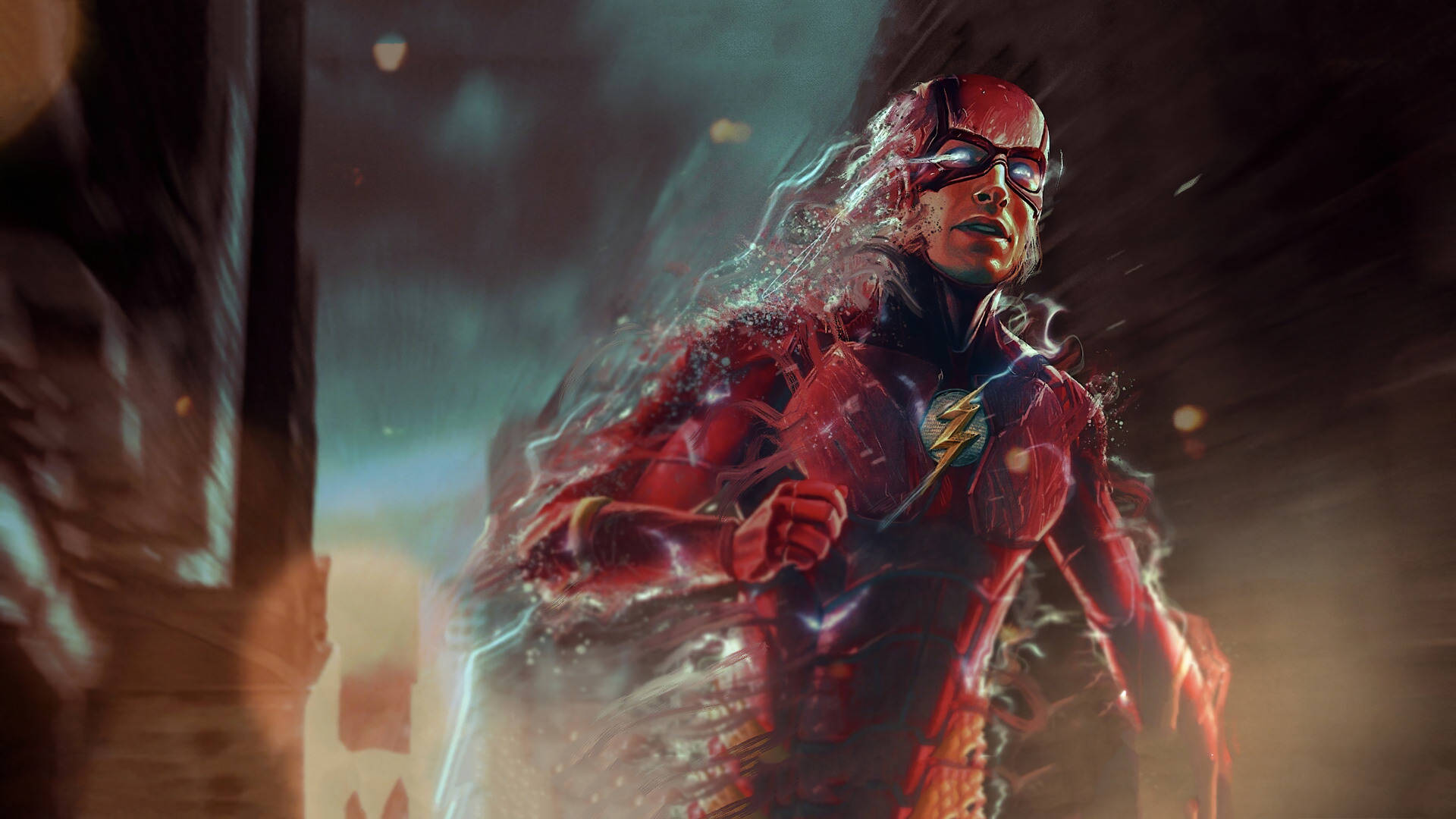 身穿紅色戰衣的 The Flash 帶著閃電能量在動態模糊中奔跑。