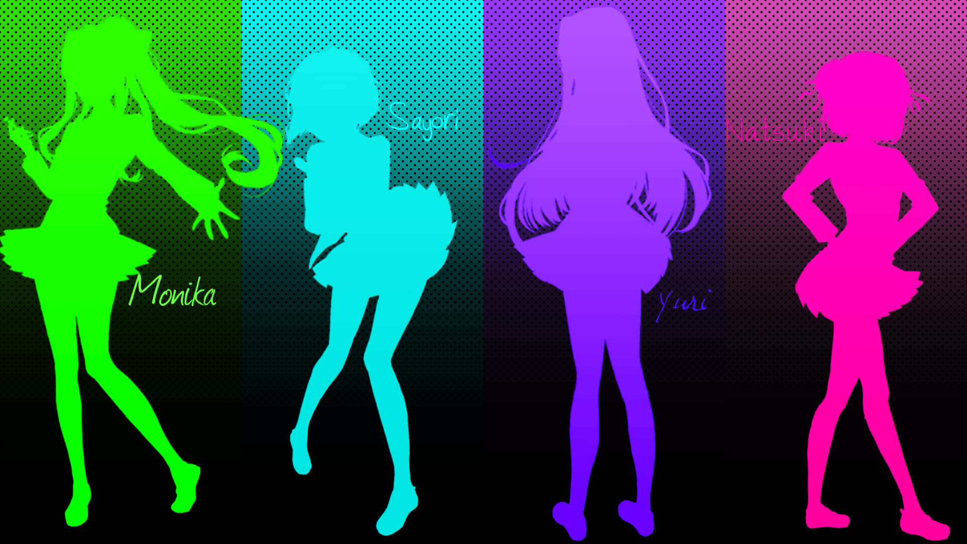 Ddlc Shadow 剪影同人圖 壁紙 — 四個動漫女孩以鮮豔的霓虹剪影在漸變背景前擺姿勢，帶有半色調點和名字。